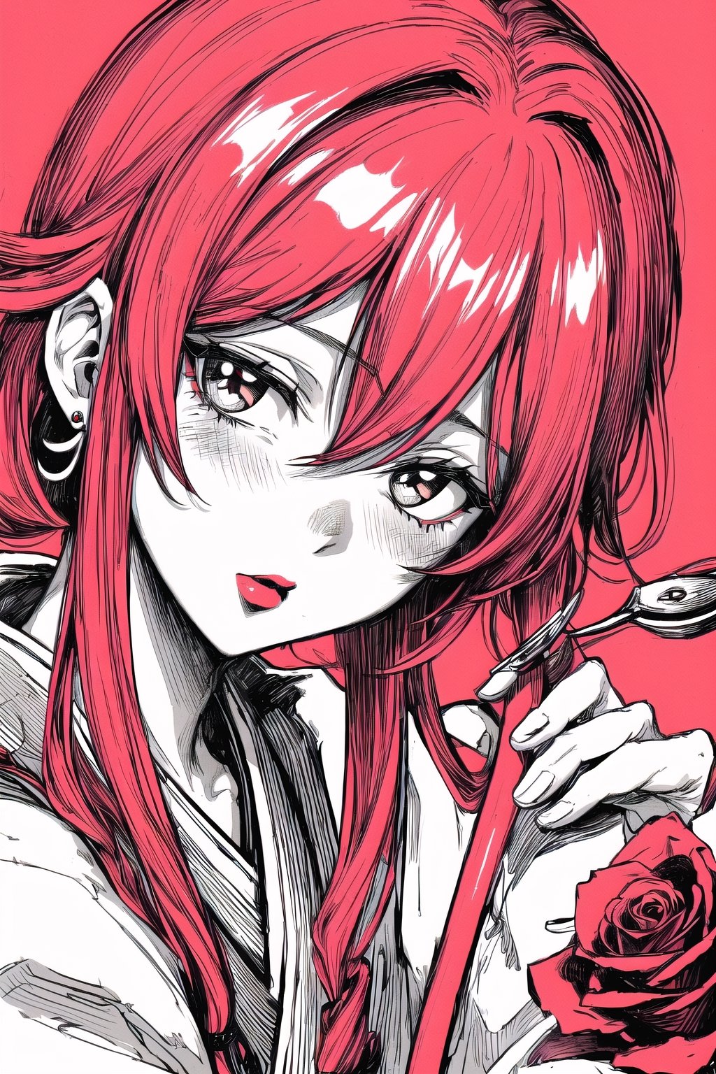 (Masterpiece), (highres), 8k, manga, digital illustration, 2d,  retro artstyle,  monochrome, partially colored,(ultra-detailed portrait of a woman,solo,  shaded face, red rose, red theme, confident, jewelry, colorful, frill trim, extremely detailed, detailed face, lipstick, straight hair, bangs,stylish, expressive, blush, looking to the side,  head tilt,  cowboy shot, fully clothed, (8k resolution),post00d,Hajime_Saitou,,quju,Oiran,sugar_rune,sweetscape