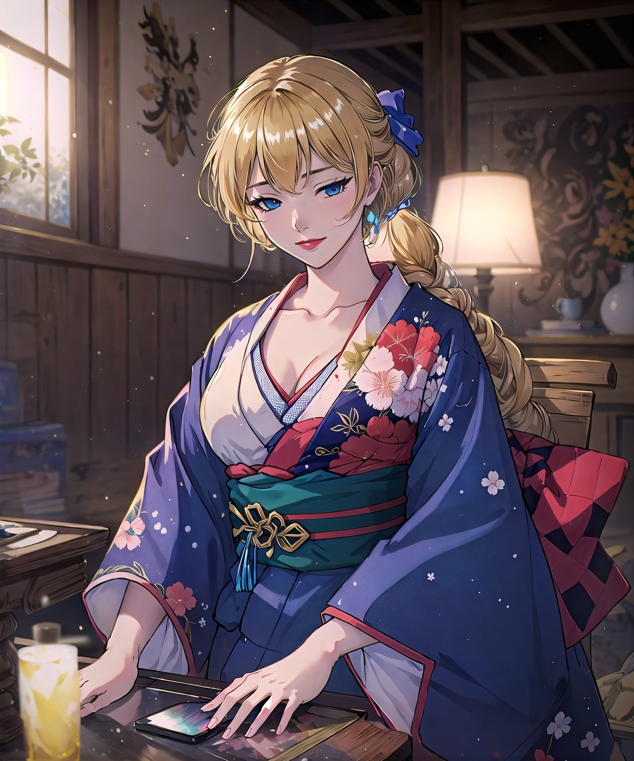 (masterpiece, best quality:1.4), top quality, insaneres, digital illustration, (faux Traditional Media), Manga, arknights,  (dynamic posture), [anime visual], solo, centered, (crack of light:1.4), from below, yuya, blonde hair, hair bow, upper body, cowboy shot, aged up, kimono, indoors, shadow, dark, (8k resolution), atmospheric, beautiful, dreamlike, dreamy, bloom, cg unity wallpaper official art, (cowboy shot), (contrast:1.3), looking at viewer, cleavage, large breasts, (thick lineart), (kimono print),  floral adorment, intricate, embroidery, beautiful, stylish, frill trim, thighhighs, checkered, layered dress, hugging, happy, relaxed pose, (dirdl:1.3), halation, high-waist belt, glass, reflective surface, (shiny:1.3), sitting, crossed legs, arm support, head on own chin, bored, tired, closed mouth, frown, looking to the side, indoors, east asian architecture, official art, hairpin, geisha, original, wide sleeves, long sleeves, (intricate details), extemely detailed, blue eyes, (gradients), dynamic,  (ultra-detailed), (hair between eyes, low ponytail:1.2), eye reflection, (multicolored theme), (fantasy), (long hair:1.5), (lipstick), (limited palette), grin, smile, half-closed eyes, (perfect anatomy:1.1), (blurry background, deep depth of field:1.5), (sharp focus), volumetric lighting, (reflective:1.2), rim lighting, (outline),coralinefilm