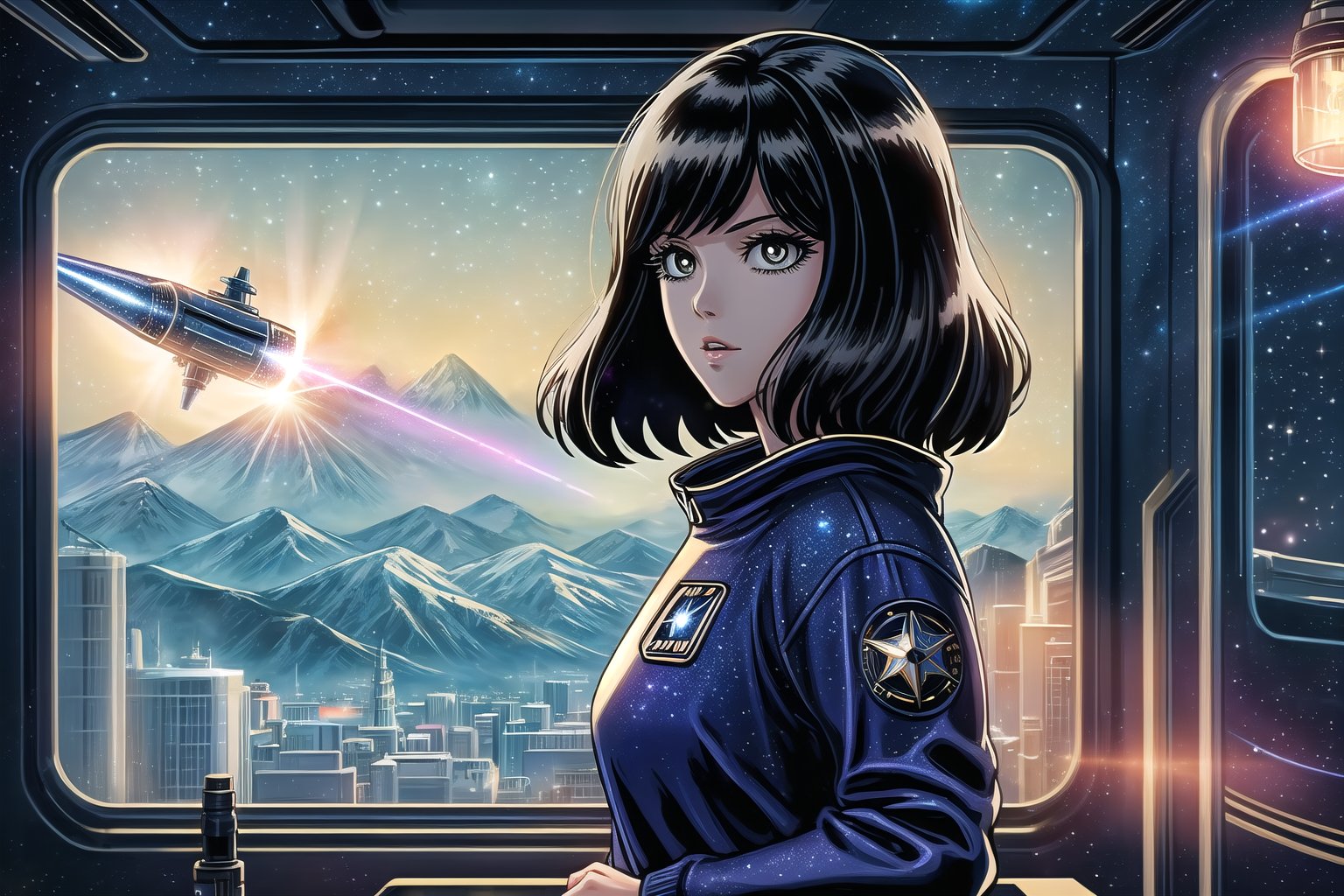 (masterpiece, best quality:1.3), top quality, 8k resolution wallpaper, deep depth of field, solo, detailed face, detailed eyes, thick lineart, bold lineart, shiny, 1girl on a space station looking out a round window at a rocket in space, rajah hair, stylish, science fiction, futuristic, diagonal bangs, perspective, indoors, atmospheric, vanishing line, volumetric lighting, expressive, 90's anime style,Traditional Media, highly detailed, high budget, bokeh, cinemascope, moody, epic, gorgeous, film grain, cinematic film, alive.,ninjascroll,saba_styl3,sugar_rune, galaxy