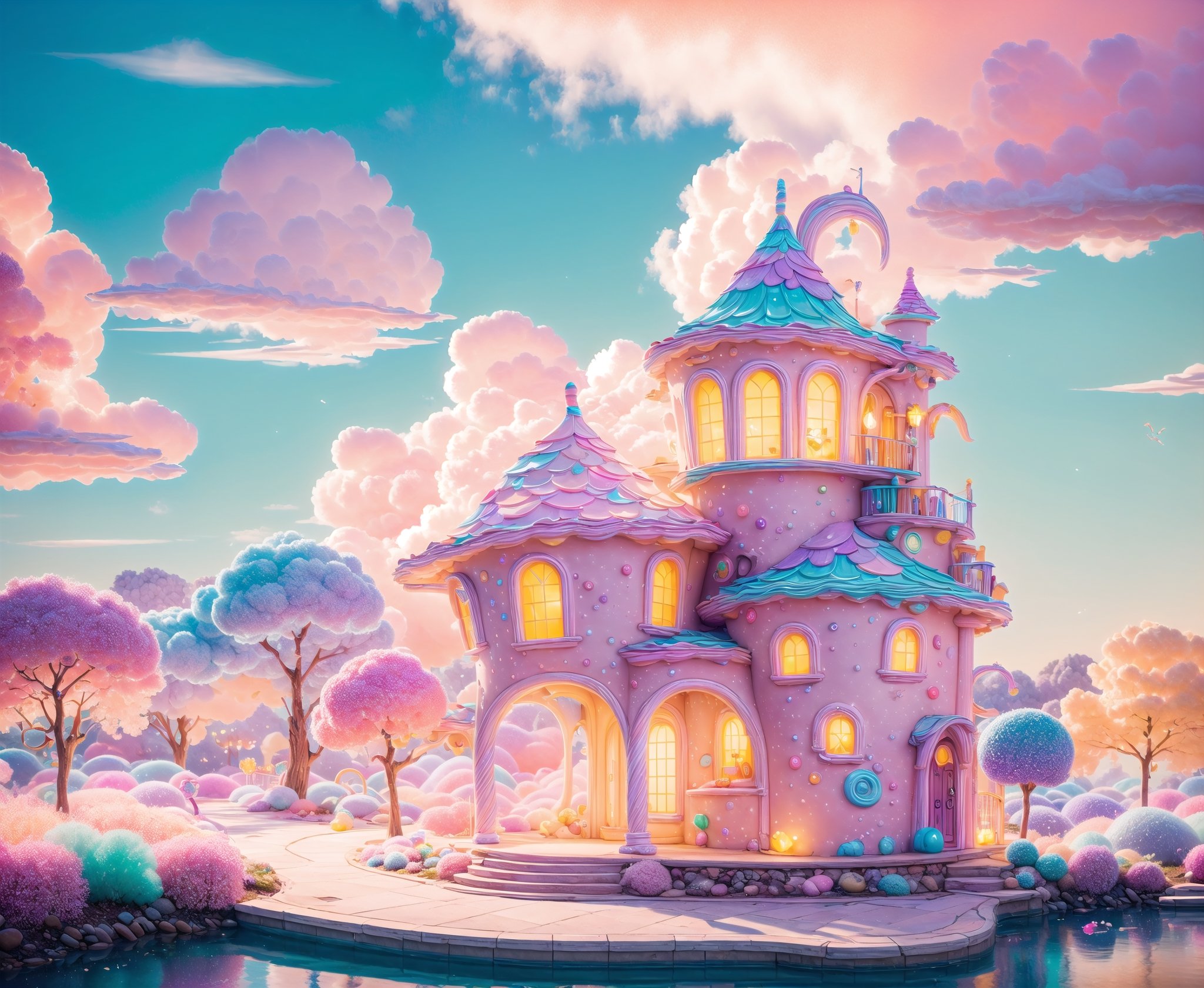 (masterpiece, best quality:1.2), 8k, top quality, cryptids, cookie, glowing, (panoramic view), cinematic, intricate details, above the clouds, floating, in the style of pixar, cloud, cotton candy, whipped cream, fruit, colorful, vivid, a world made of candy, plant, scenery, highly detailed, 3d, beautiful, personification, deep depth of field, adorable, cute, (gradients), sweet, shiny, delicious, bloom, volumetric lighting, (fantasy), candyland, candy, see-through, transparent, (jello), coral colors, smooth, extremely detailed,cryptids,(best quality,kawaiitech