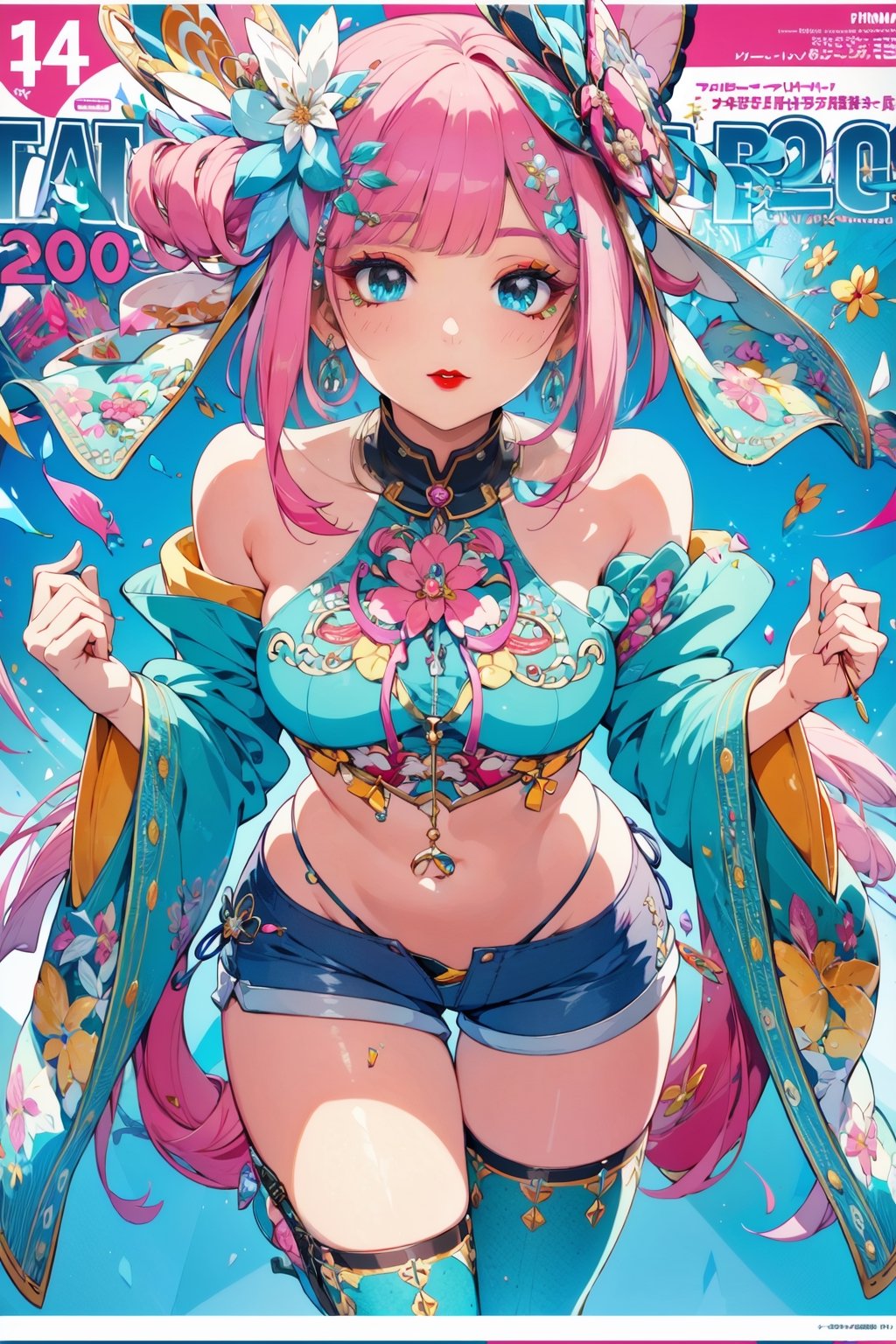 faux traditional media, mature female, beautiful,  anime visual,  (magazine cover:1.2), ultra-detailed shot of a princess, beautiful, pink hair, flower hair ornament, polka dot,1girl, avatar icon, game character concept, jrpg, 800mm lens, off shoulder, hoodie, ribbed sweater, sharp focus, depth of field, volumetric lighting, ((stylish, vintage)), (pinup:0.5), (shorts:1.2), studio lighting, (asymmetrical legwear),1 girl,Kawaii Figurines Style,hirom1tsu