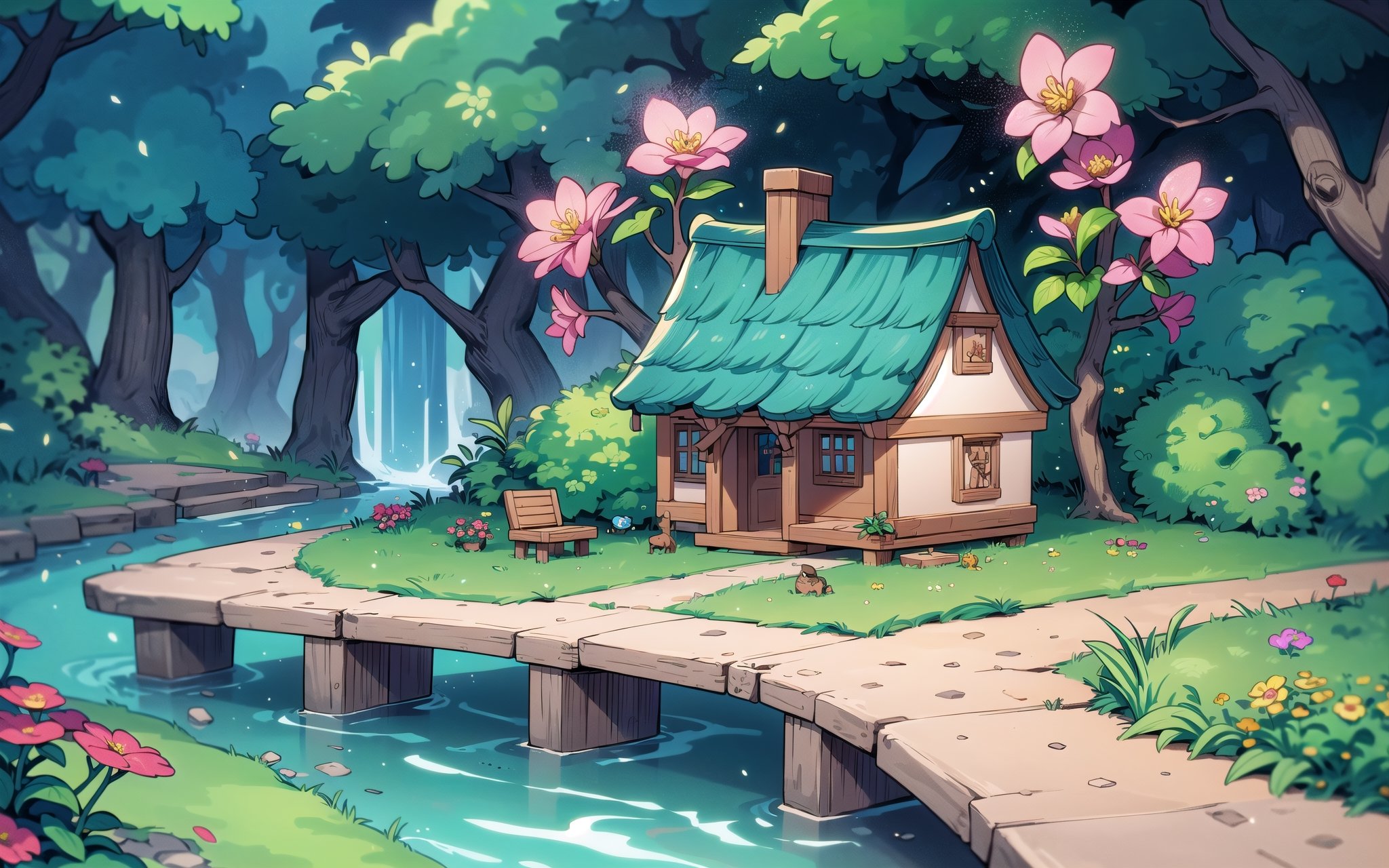 (Masterpiece, Best Quality:1.3), insaneres, top quality, (8k resolution wallpaper), (extremely detailed), 2d, in the style of beatrix potter, manga, illustration, (fantasy), thick lineart, outline, sugar_rune, animal, personification, flower, bar, stool, (no humans), overgrowth, (small details:1.2), fairytale, wonder, dreamy, (minigirl:1.3), outdoors, leaves, (nature), small bridge, (deep depth of field), 85mm, hyperrealistic, film grain, dynamic, surreal, architecture, miniature, (garden, valley, river, brook), fantasy realm, shadow, blurry foreground, path, seaside, beautiful, fantastic landscape, (intricate details), mystical, (natural lighting:1.1), country cottage, cozy, min waterfall, bloom, (smooth, rounded corners), white vignetting, (volumetric lighting:1.3), best shadow,ISO_SHOP