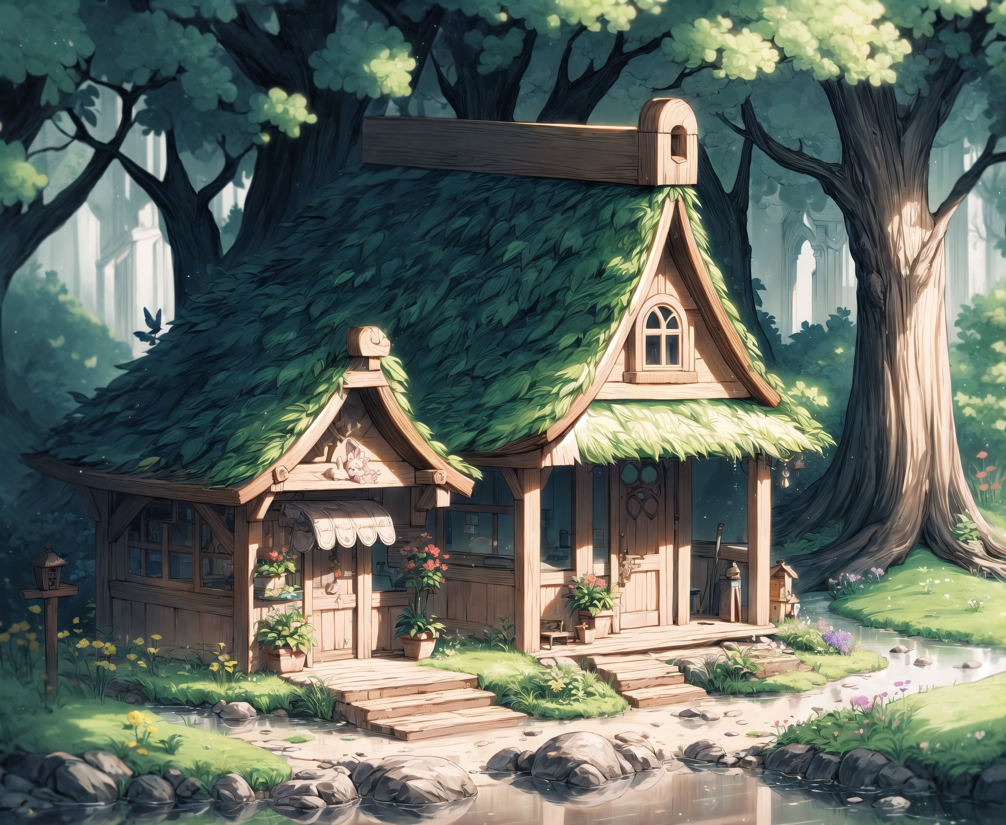 (Masterpiece, Best Quality:1.3), insaneres, top quality, (8k resolution wallpaper), (extremely detailed), 2d, beatrix potter, manga, illustration, (fantasy), thick lineart, outline, sugar_rune, animal, personification, flower, cute, bar, stool, tree, overgrowth, focus face, looking up, surprised, dreaming, (small details:1.2), fairytale, wonder, dreamy, (minigirl:1.3), outdoors, leaves, (nature), (chibi:1.4), small bridge, (deep depth of field), 85mm, hyperrealistic, film grain, dynamic, surreal, architecture, miniature, (garden, valley, river, brook), fantasy realm, shadow, enchanting, blurry foreground, path, seaside, beautiful, oversized plantlife, fantastic landscape, (intricate details), mystical, (natural lighting:1.1), country cottage, cozy, min waterfall, bloom, (smooth, rounded corners), (high fantasy),  reflection, white vignetting, (volumetric lighting:1.3), best shadow, lively, ISO_SHOP,ISO_SHOP,isometric