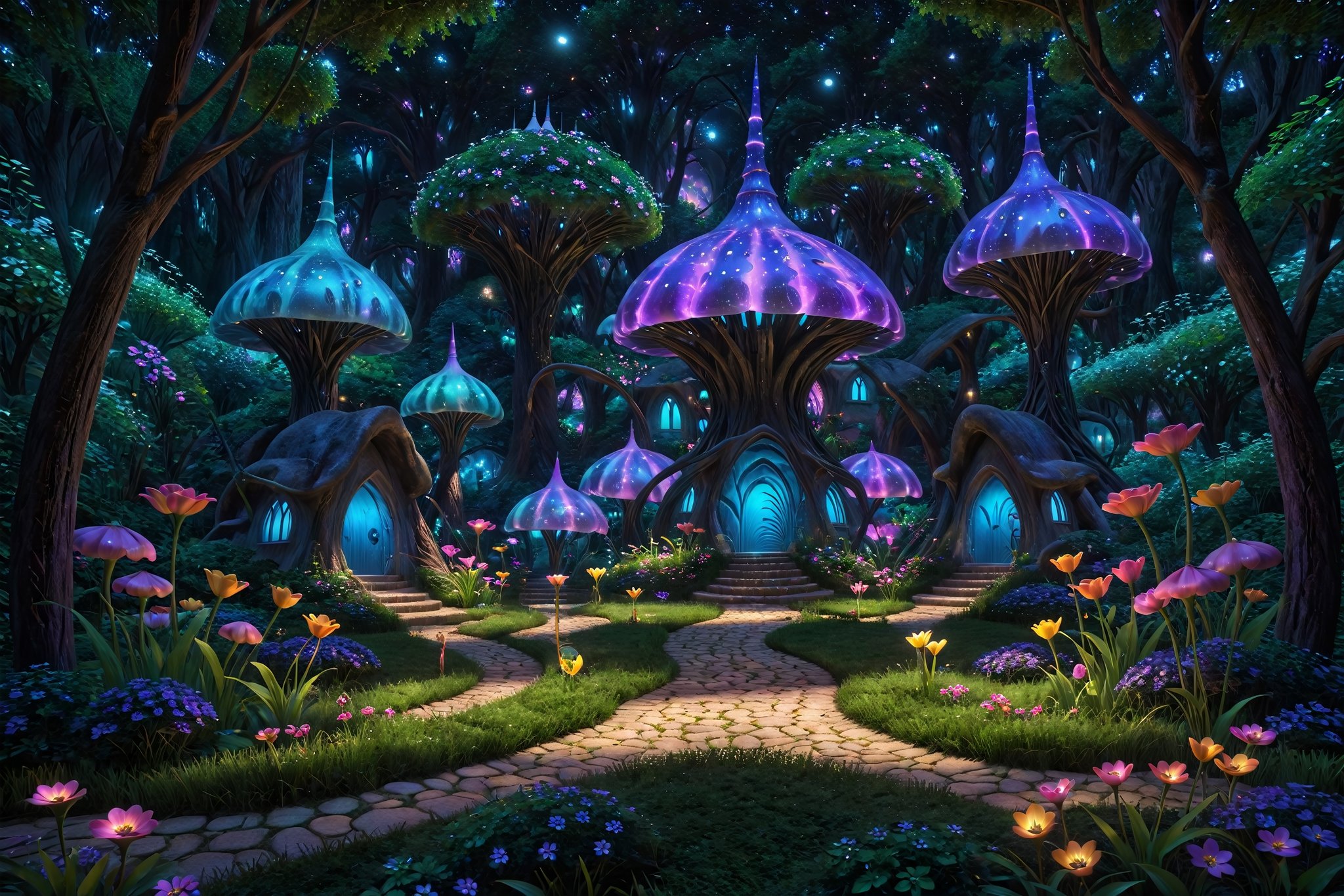 (best quality, masterpiece:1.3), high fantasy, c0raline_style,  (stop motion), alien architecture, colorful, (cinematic), stylish, focus, dreamy, extremely detailed and dynamic, (hyperrealistic, photoreal:1.1), cg unity wallpaper, fairy village, shimmer, glowing, high contrast, enchanted forest, disney, uhdr, full angle view, bloom, dynamic lighting, volumetric, deep depth of field:1.3), bokeh, expressive, intricate design, floating particles, dark, field, outdoors, nature, sky, grass, more detail XL,madgod,Movie Still,l0dbg,sweetscape