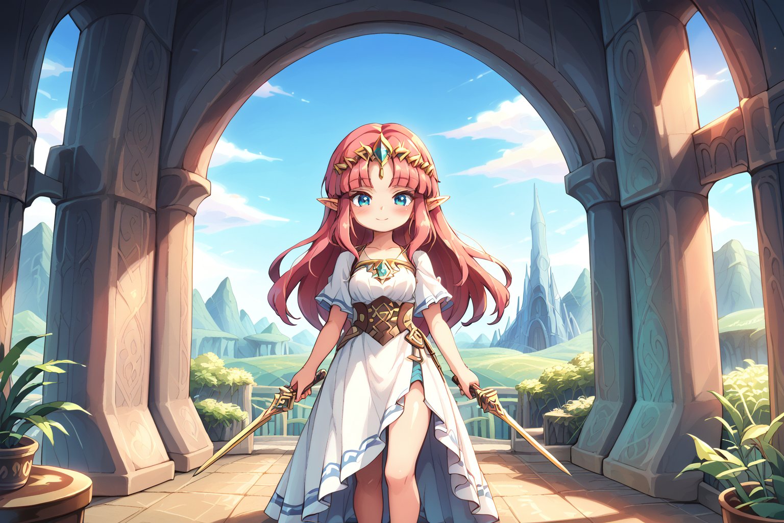 score_9_up, score_8_up, score_7_up, BREAK, source_anime, 2-dimension_animated, ,(8k, hyperdetailed, best quality, masterpiece:1.2), cover art, game cover, official game artwork, A mesmerizing anime visual of princess zelda, legend of zelda, fantasy, pulsating glow,  aiming at viewer, holding sword, cartoon, seamlessly blends 3D rendering, illustration, and vibrant colors, creating a fierce and frenetic dance of light. fully clothed armored dress, magnificent,The background is a fantasy lanndscape, shiny,  outdoors, valley, isekai, purple and blue theme,  jrpg, dynamic and soft atmosphere. The enchanting fantasy background contrasts sharply with the bold and striking colors, traditional media, bloom, (bokeh:1.2),retro artstyle,rating_explicit,r0b0cap,ff14bg