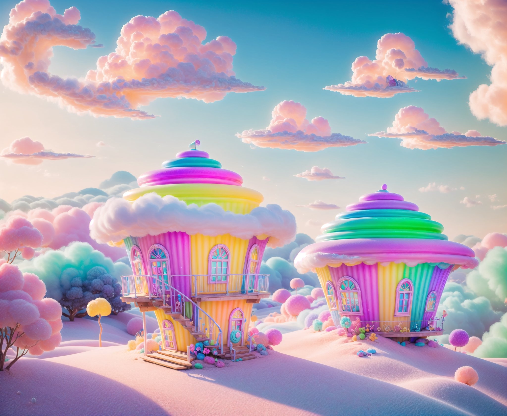 (masterpiece, best quality:1.2), 8k, top quality, cryptids, cookie, glowing, (panoramic view), cinematic, intricate details, above the clouds, floating, in the style of pixar, cloud, cotton candy, whipped cream, fruit, colorful, vivid, a world made of candy, plant, scenery, highly detailed, 3d, beautiful, personification, deep depth of field, adorable, cute, (gradients), sweet, shiny, delicious, bloom, volumetric lighting, (fantasy), candyland, candy, see-through, transparent, (jello), coral colors, smooth, extremely detailed,cryptids,(best quality,kawaiitech