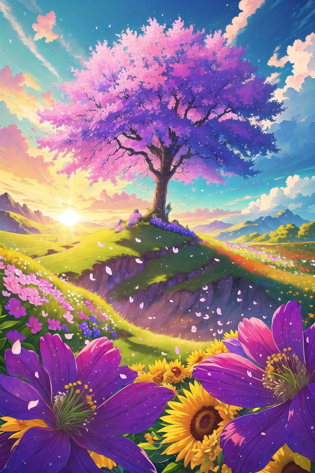 (Masterpiece,  Best Quality),  highres,  (8k resolution), digital illustration, official art,  Manga,  (Ultra-detailed), natural lighting, full background, beautiful, perfect, nature, scenery, garden, flower, flowers, magical landscape, floating particles, vivid, (fantasy:1.1), shimmer, (multicolored theme:1.3), shallow depth of field, perfect lighting, (day, sunlight, light theme, outdoors:1.3), windy, flying petals, tree