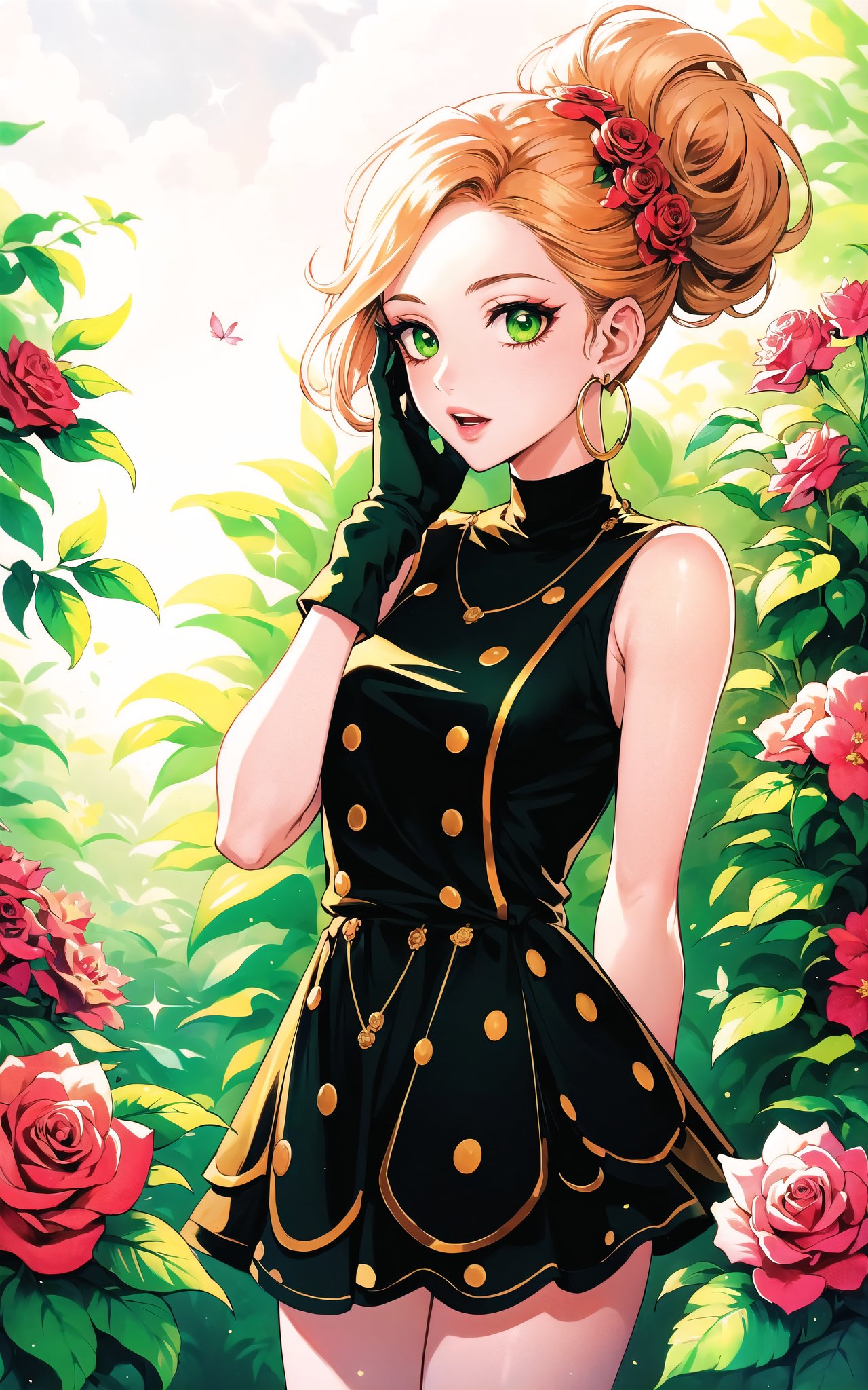 (Masterpiece, Best Quality:1.3), highres, 8k, highly detailed, 2d, (faux traditional media:1.3), manga, illustration, (mature female!.3), fantasy, thick lineart, outline, ((centered)), , sugar_rune, flower, cowboy shot, flower dress, solo, green eyes, polka dot, 1girl, sparkle, bush, open mouth, earrings, sleeveless, standing, gloves, overgrowth, hand on own face, (perfect hands), looking at viewer, outdoors, leaves, long hair, jewelry, white gloves, nature, doughnut hair bun, half updo, ((depth of field)), 85mm, hyperrealistic, film grain, colorful, (rose garden), shadow, (natural lighting:1.1), stylish, fashion, bloom