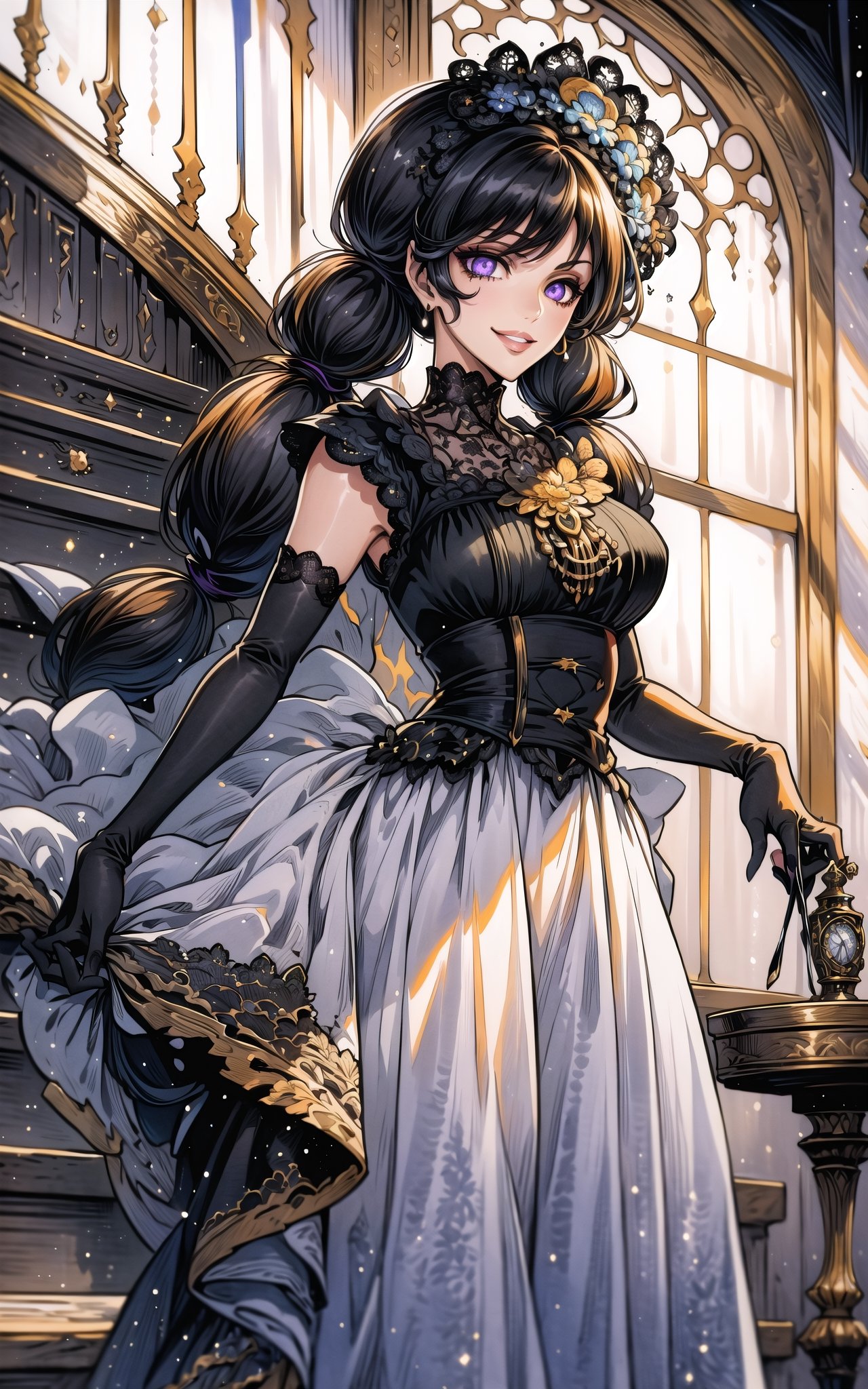 (Masterpiece, Best Quality:1.3), insaneres, (8k resolution), highly detailed, 2d, (faux traditional media:1.3), manga, digital illustration, fantastic composition, (mature female1.3), fantasy, thick lineart, outline, ((centered)), , sugar_rune, black hair, (dynamic pose:1.3), flower, (black theme:1.3), (in the style of yuki kajiura:0.8, ayami kojima, cowboy shot, (victorian), (gothic dress:1.4), dark theme, solo, purple eyes, 1girl, indoors, dark room, victorian setting, smile, evil smile, grin, looking down, from below, (hiding in the shadows:1.3), glowing eyes, parted lips, doll, earrings, sidelocks, (bangs:1.2), (low twintails:1.4), sleeveless, standing, elbow gloves, (dutch angle), supernatural, bonnet, doll dress, ribbon, waist-bow, hair bow, (night:1.2), looking at viewer, expressionless, fairytale, wonder, melancholy, dust particles, natural light pouring through window, (shadow:1.3), darkness, jewelry, very long hair, black gloves, lace trim, half updo, (deep depth of field:1.3), 85mm, hyperrealistic, film grain, colorful, lipstick, blurry foreground, haunted house, (halloween), (moody lighting:1.4), (spooky), (intricate details:1.2), focus face, messy hair, mystical, table, grandfather clock, bookshelf, livingroom, door, high-rise staircase, stairs, curtains, plant, (natural lighting:1.1), long face, (extremely detailed background:1.3), (stylish, fashion), scenery, human furniture, (fantasy:1.3),perfecteyes