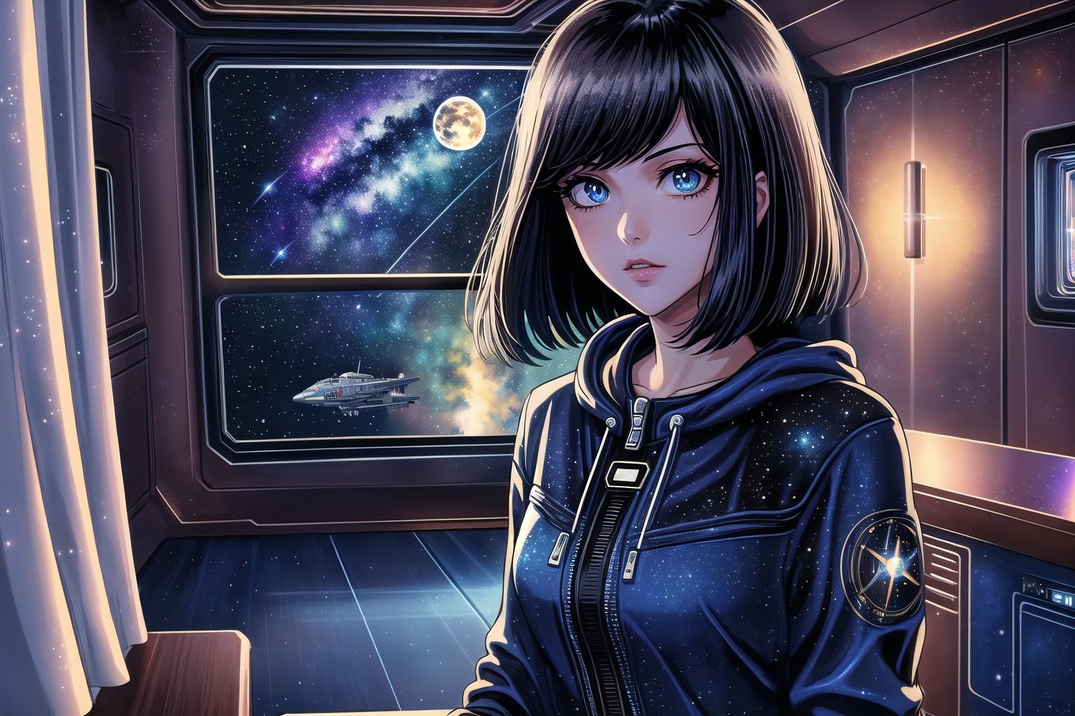 (masterpiece, best quality:1.3), top quality, 8k resolution wallpaper, deep depth of field, solo, detailed face, detailed eyes, thick lineart, bold lineart, shiny, 1girl on a space station looking out a round window at a rocket in space, rajah hair, stylish, science fiction, futuristic, diagonal bangs, perspective, indoors, atmospheric, vanishing line, volumetric lighting, expressive, 90's anime style,Traditional Media, highly detailed, high budget, bokeh, cinemascope, moody, epic, gorgeous, film grain, cinematic film, alive.,ninjascroll,saba_styl3,sugar_rune, galaxy