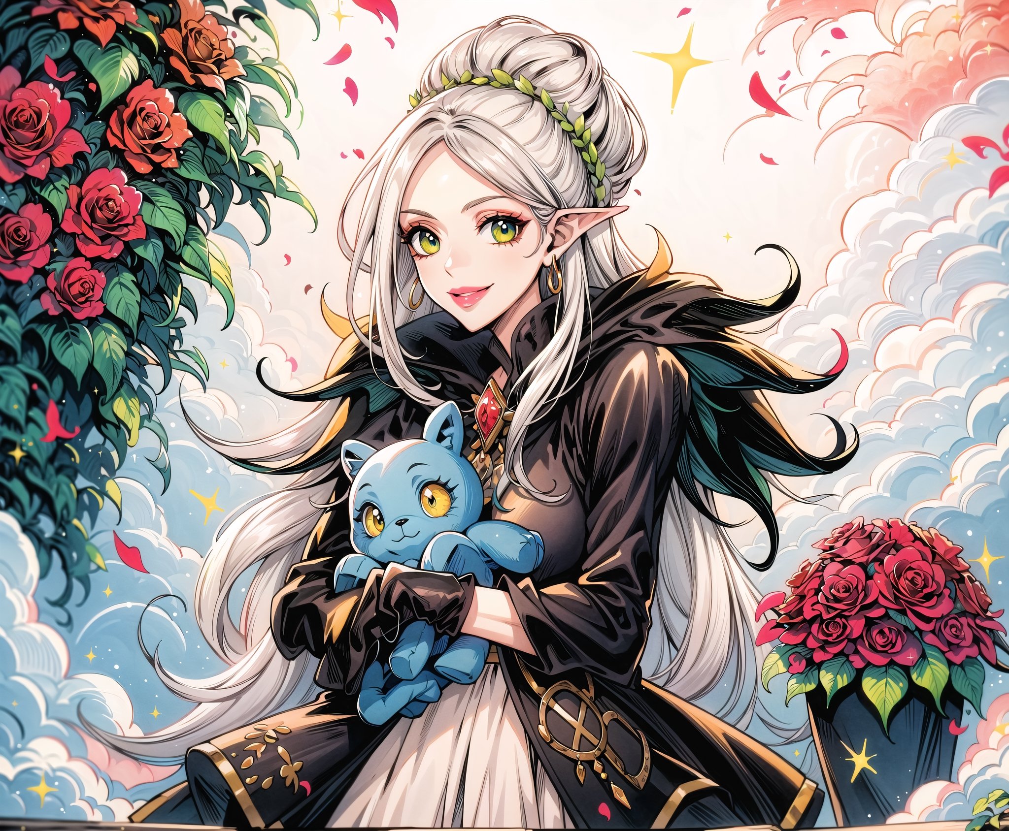 (Masterpiece, Best Quality:1.3), highres, 8k, highly detailed, 2d, (faux traditional media:1.3), manga, illustration, (mature female!.3), fantasy, thick lineart, outline, ((centered)), , sugar_rune, flower, cowboy shot, flower dress, solo, gradient eyes, polka dot, 1girl, sparkle, bush, eyes half closed,,closed mouth, earrings, sleeveless, standing, gloves, overgrowth, wariza, (perfect hands), looking at viewer, pointy ears, fairytale, wonder, (hugging stuffed animal), cute, (surrounded by stuffed animals), toys, (playful:1.1), smile, dreamy, outdoors, leaves, long hair, jewelry, white gloves, nature, doughnut hair bun, half updo, ((depth of field)), 85mm, hyperrealistic, film grain, colorful, lipstick, (very long hair), (rose garden), shadow, blurry foreground, path, (intricate details), mystical, (natural lighting:1.1), long face, country cottage, cozy, princess dress, (jmature female:1.3), stylish, fashion, bloom, (deep depth of field)