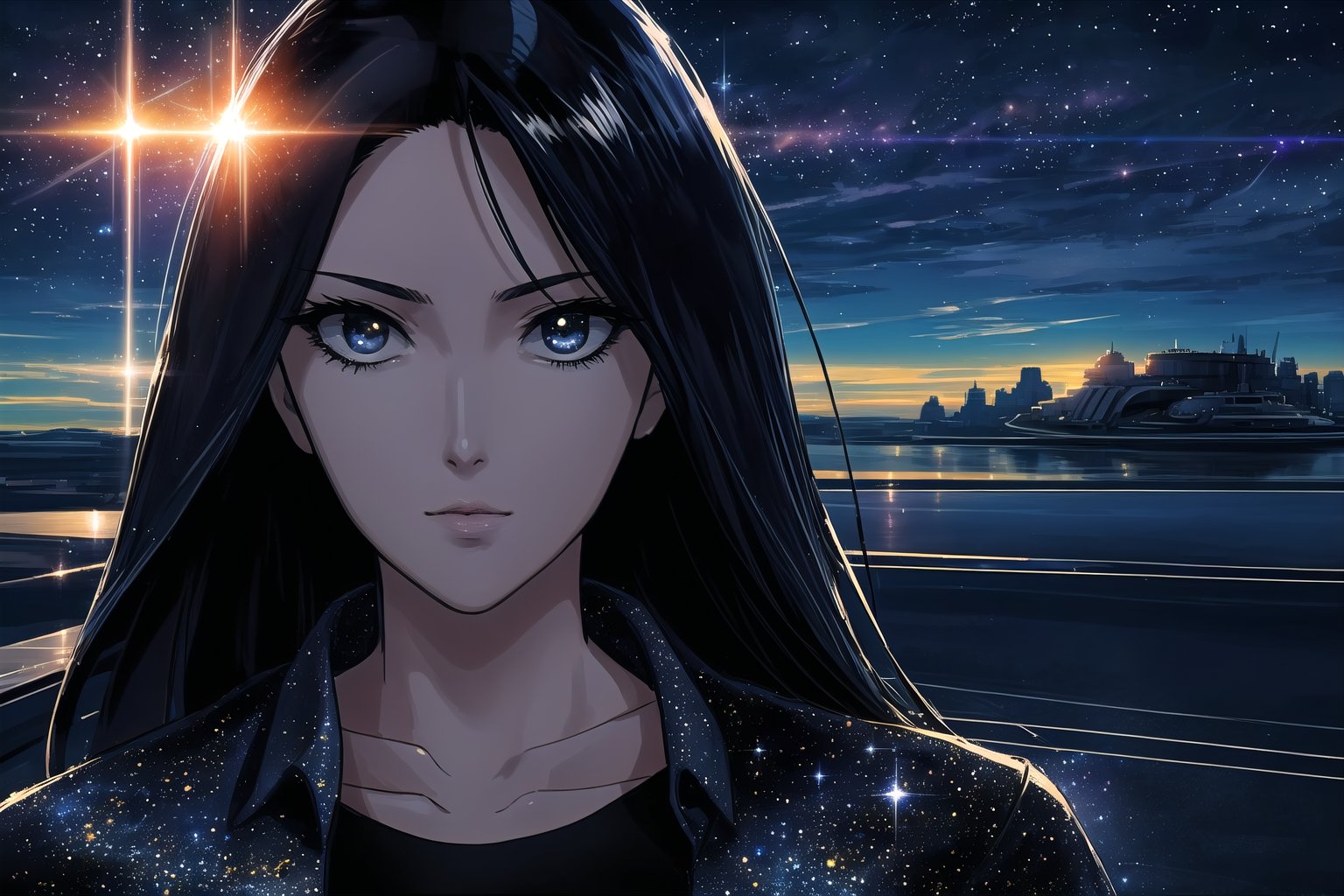 (masterpiece, best quality:1.3), top quality, 8k resolution wallpaper, deep depth of field, solo, detailed face, detailed eyes, thick lineart, bold lineart, shiny, spaceship rocket in space, science fiction, futuristic, perspective, outdoors, twilight, horizon, atmospheric, vanishing line, volumetric lighting, expressive, 90's anime style,Traditional Media, highly detailed, high budget, bokeh, cinemascope, moody, epic, gorgeous, film grain, cinematic film, alive.,ninjascroll,saba_styl3,sugar_rune, galaxy