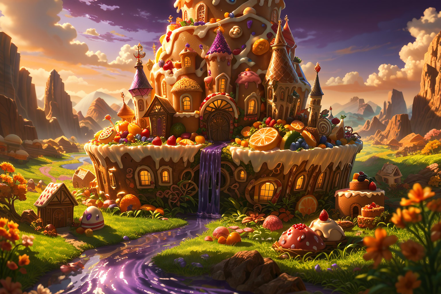 Score_9, Score_8_up, Score_7_up, (masterpiece, best quality), (insaneres), 8k resolution wallpaper, hyperdetailed, sweetscape, full background, fantasy, sugar, shiny, (isometric:1.2), tilt-shift, rainbow terrain, candy, (chololate:1.3), oversized truffle, smooth, round roof, rounded corners, dripping, oversized cake, cake, tilt-shift, smarties, spiral tree, grass, landscape, (purple water:1.4), (deep depth of field), sunset, glaze, cookie, sugar, glitter, volumetric lighting,  (Extremely detailed, intricate details),Low-key lighting Style