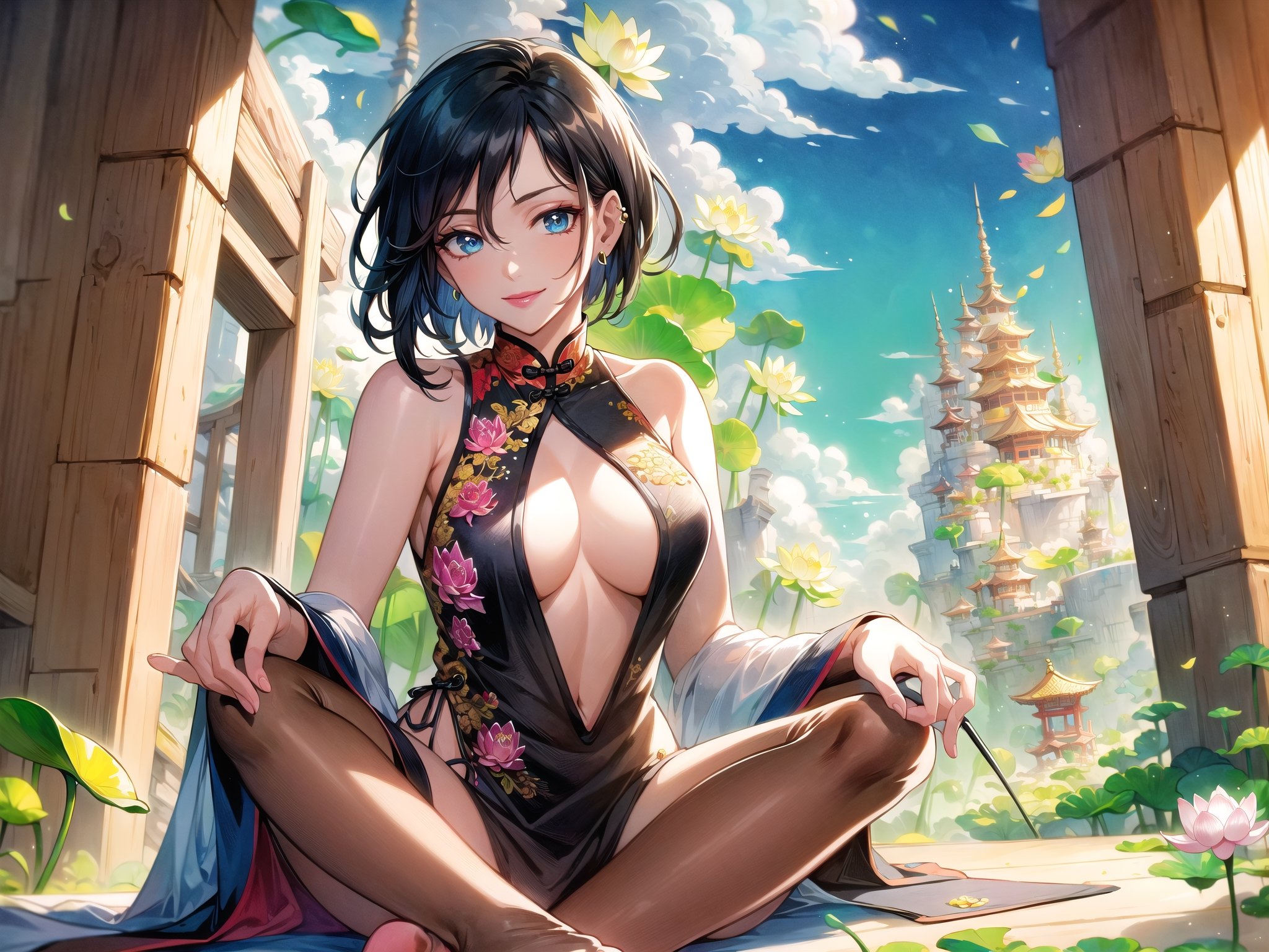 (Masterpiece, Best Quality:1.3), highres, 8k, highly detailed, ultra-detailed full body portrait, 2d, (faux traditional media:1.3), manga, illustration, (mature female!.3), fantasy, thick lineart, outline, flower, cowboy shot, solo, wind lift, (desert:1.3), bamboo forest, zen, paradise, (light smile), happy, expressive, 1girl, black hair, large breasts, sitting, (changpao, earring:1.3), flats, eyes half closed, shimmer, overgrowth, looking at viewer, bishounen, blue sky, (cloud), facing viewer, (lotus position:1.3), perfect feet, (perfect female figure:1.1), fairytale, wonder, dreamy, outdoors, nature, (chinese:1.3), chinese architecture, (extremely detailed background:1.2), 85mm, hyperrealistic, film grain, colorful, adult, lipstick, messy hair, short hair, (shadow), blurry foreground, (intricate details), mystical, (natural lighting:1.1), long face, cozy, (jmature female:1.3), stylish, fashion, bloom, (deep depth of field:1.3), Lifang