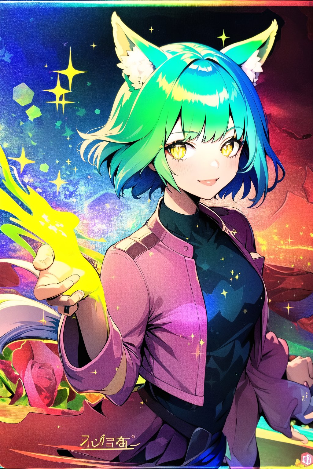 (Masterpiece, best quality:1.4), insaneres, top quality, 8k resolution, (card_(/medium):1.4), holofoil, solo, upper body, (aura, outer glow:1.1),  white hair, wind, short hair, cute, jacket, fox girl, shirt, light smile, sunlight, hypnotic yellow eyes, glowing, bloom, nature, bloom, frilled jacket, skirt, facing viewer, 1girl,  green hair, gorgeous, looking at viewer, (deep depth of field:1.2), bracelet, floating, magical girl, (shiny:1.5), volumetric lighting,(shimmer,glitter:1.3),Fluffy,traditional media, colorful, vivid, card