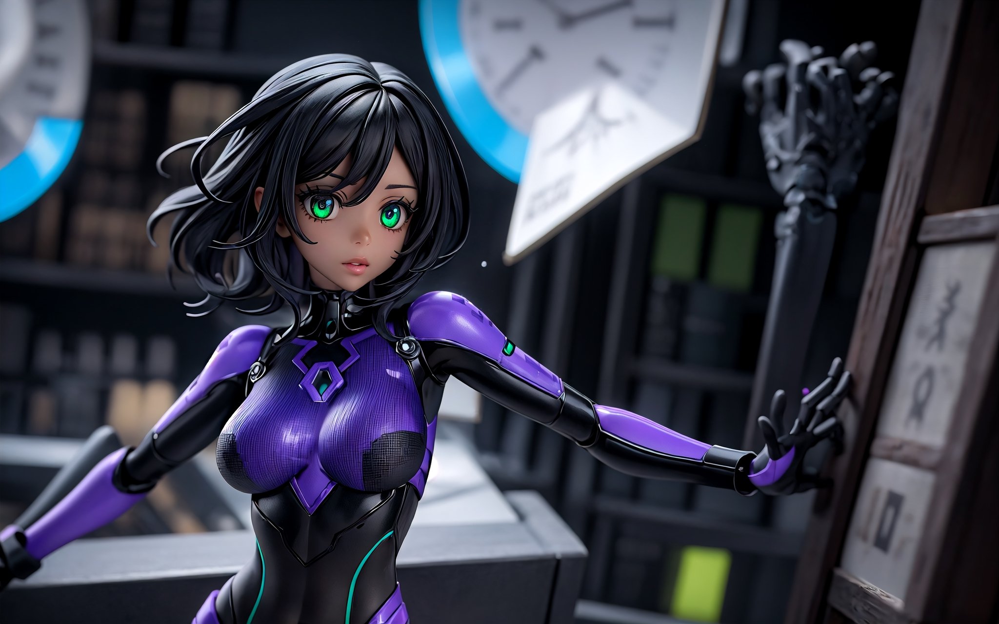 centered, digital art, upper body, (beautiful detailed eyes:1.2), | solo, ebony woman, wearing the black and purple cybernetic armor with green parts of Space Woman, tight bodysuit, black hair, dreadlock hair, emerald eyes, muscular proportions, | in a dungeon made all of metal, | bokeh , depth of field