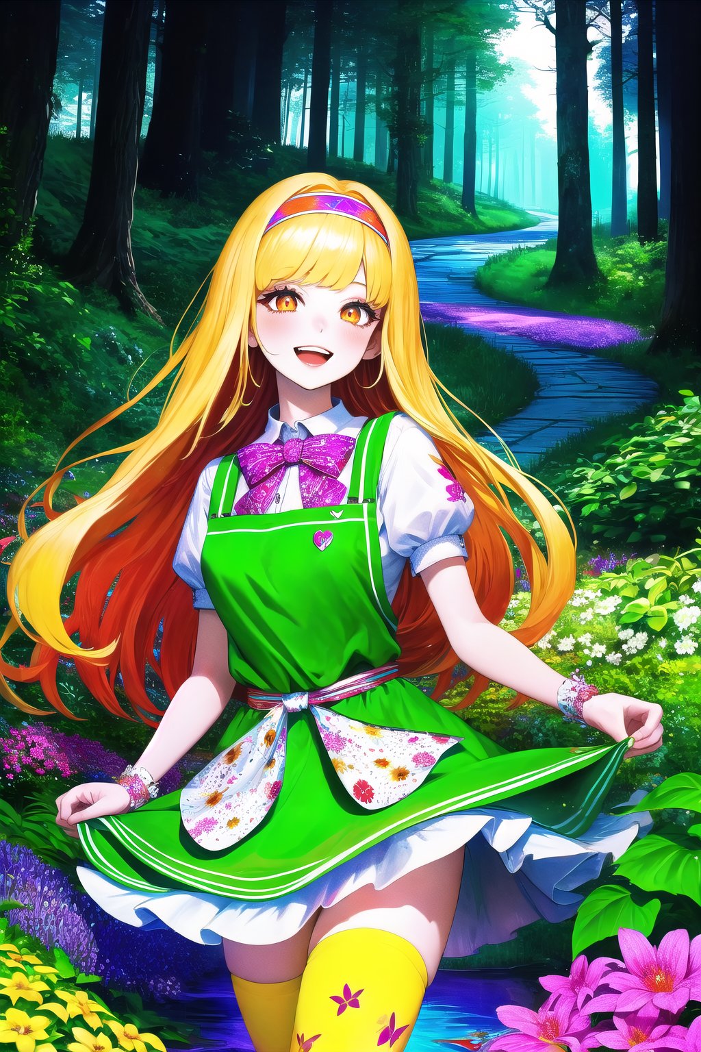 (Masterpiece), (insaneres), 8k, hyperdetailed, deep depth of field, motion blur, 0kazu, unique character concept, hyperrealistc, stunning artwork, madgod, finely crafted, alice in wonderland, diamond print thighhighs, diamond_(shape), hands behind back, sparkle, dreamy, cowboy shot, extremely detailed background. hypnotizing orange eyes, blonde hair, very long hair, hairband, green dress. apron, bloomers, waist bow, beautiful hands, girly running, blush, happy, smile, open mouth, retro artstyle, perfect female figure, garden, psychadelic, hair ornament, gorgeous, bloom, nature, shadow, nature, overgrown,  fantasy, outdoors, sunlight, day, scenery,1 girl, atmospheric,traditional media