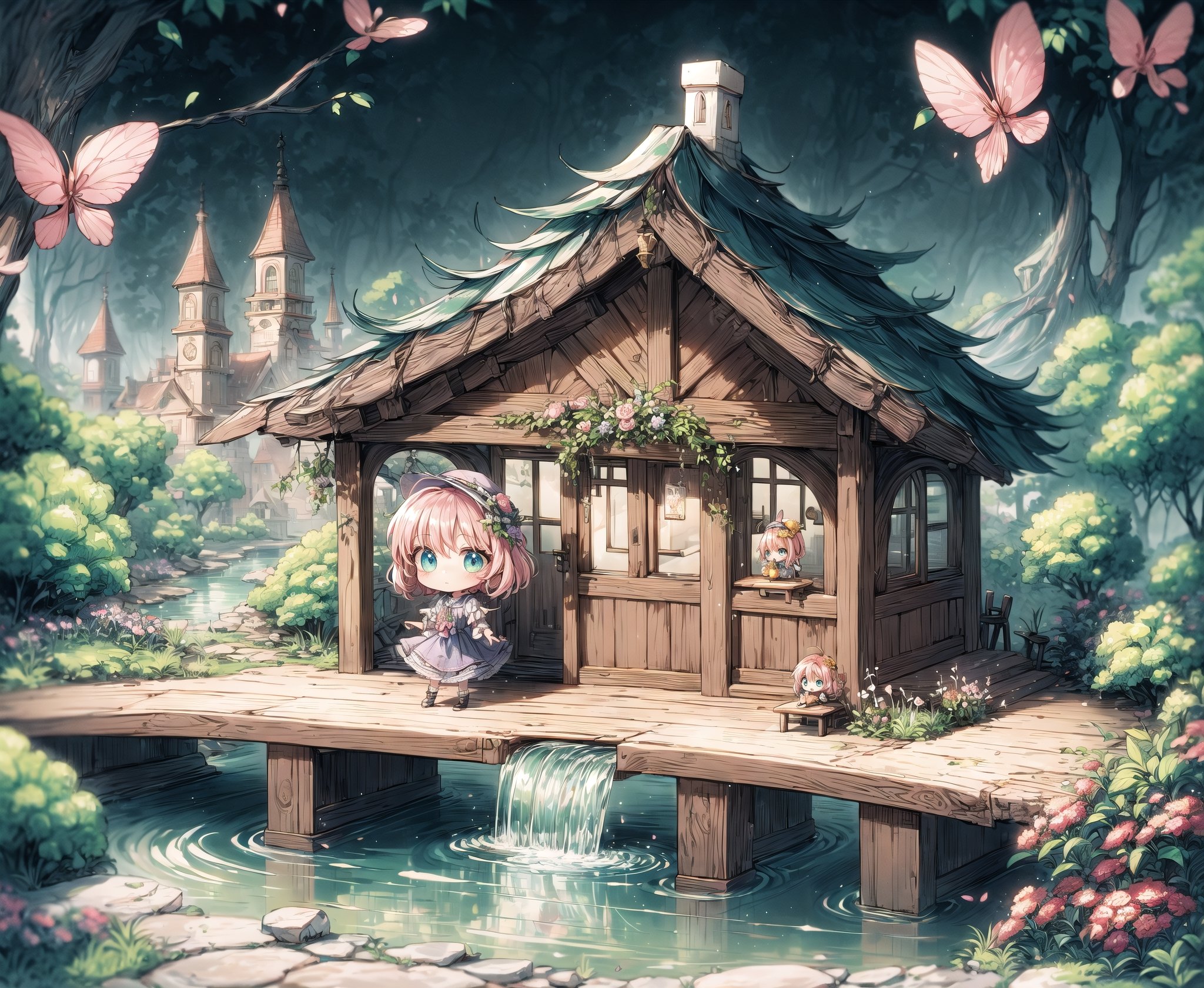 (Masterpiece, Best Quality:1.3), insaneres, top quality, (8k resolution wallpaper), (extremely detailed), 2d, beatrix potter, manga, illustration, (fantasy), thick lineart, outline, sugar_rune, animal, personification, flower, cute, bar, stool, tree, overgrowth, focus face, looking up, (detailed face, detailed eyes:1.2), doll dress, surprised, dreaming, (small details:1.2), fairytale, wonder, dreamy, (minigirl:1.3), outdoors, leaves, (nature), (chibi:1.4), small bridge, (deep depth of field), 85mm, hyperrealistic, film grain, dynamic, surreal, architecture, miniature, (garden, valley, river, brook), fantasy realm, shadow, enchanting, blurry foreground, path, seaside, beautiful, oversized plantlife, fantastic landscape, (intricate details), mystical, (natural lighting:1.1), country cottage, cozy, min waterfall, bloom, (smooth, rounded corners), (high fantasy),  reflection, white vignetting, (volumetric lighting:1.3), best shadow, lively, ISO_SHOP,ISO_SHOP,isometric