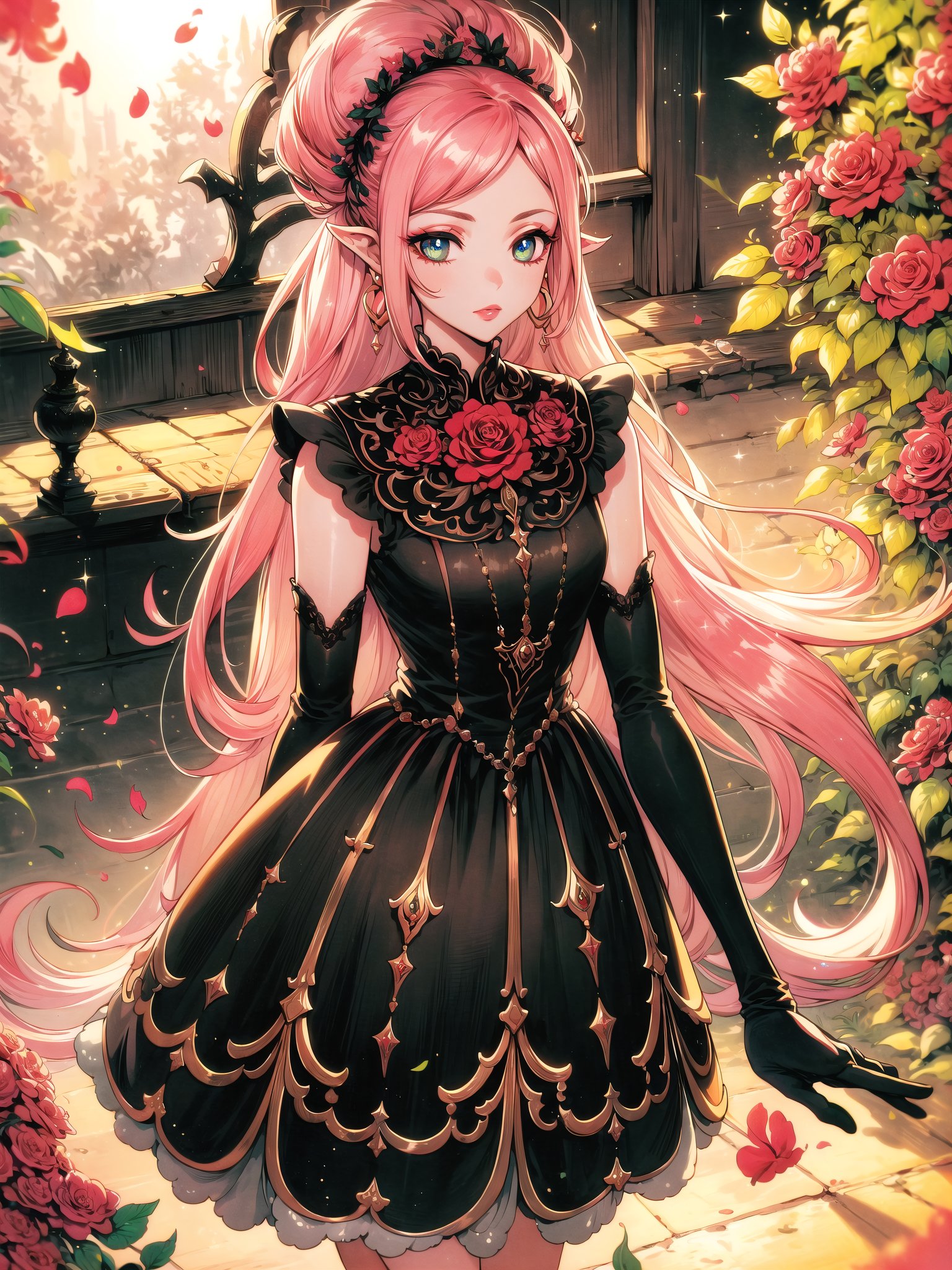 (Masterpiece, Best Quality:1.3), highres, 8k, highly detailed, 2d, (faux traditional media:1.3), manga, illustration, (mature female!.3), fantasy, thick lineart, outline, ((centered)), , sugar_rune, flower, cowboy shot, flower dress, solo, gradient eyes, polka dot, 1girl, sparkle, bush, eyes half closed,,closed mouth, earrings, sleeveless, standing, gloves, overgrowth, wariza, (perfect hands), looking at viewer, pointy ears, fairytale, wonder, dreamy, outdoors, leaves, long hair, jewelry, white gloves, nature, doughnut hair bun, half updo, ((depth of field)), 85mm, hyperrealistic, film grain, colorful, lipstick, (very long hair), (rose garden), shadow, blurry foreground, path, (intricate details), mystical, (natural lighting:1.1), long face, country cottage, cozy, princess dress, (jmature female:1.3), stylish, fashion, bloom, (deep depth of field)