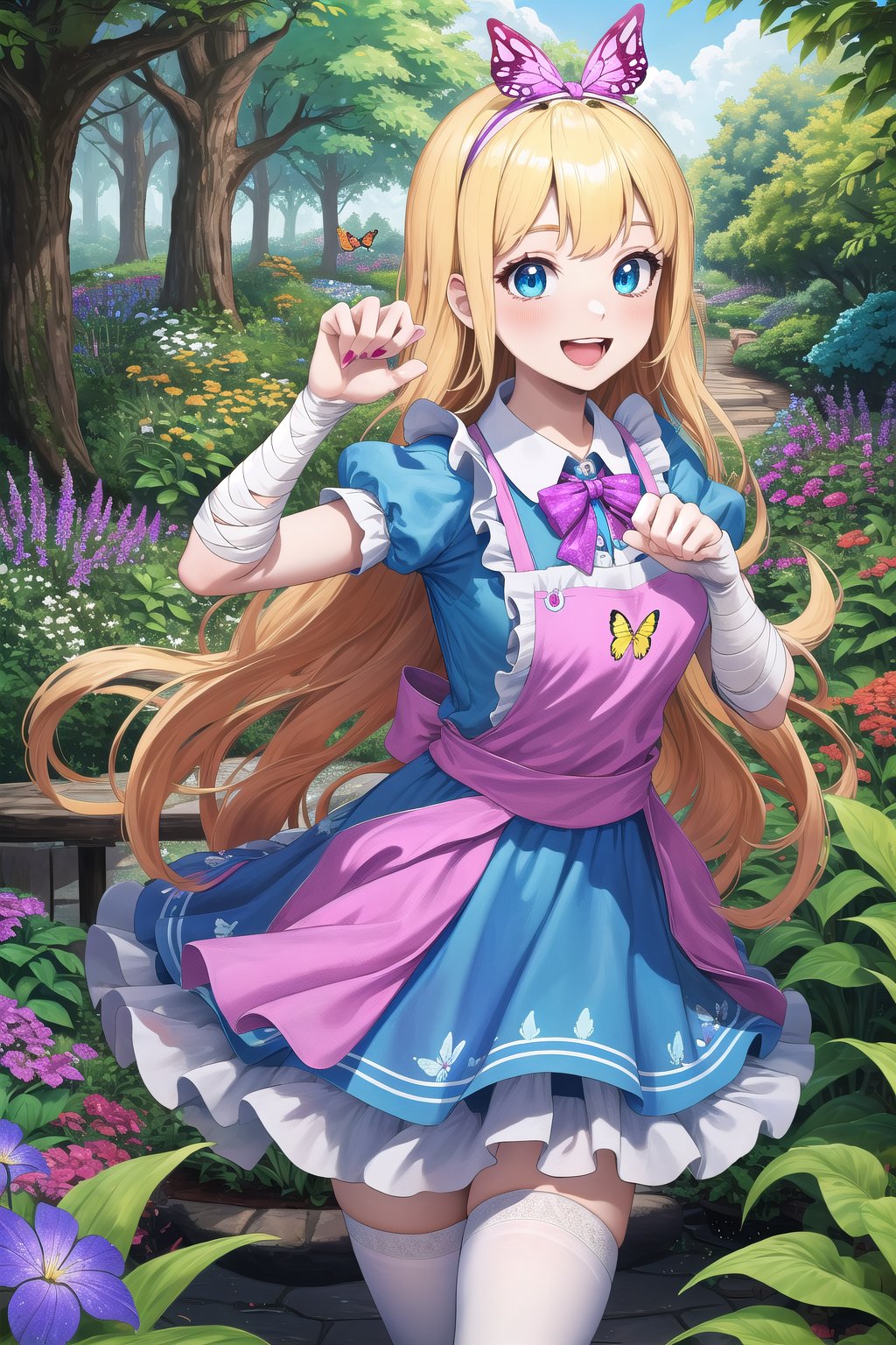 (Masterpiece), (insaneres), 8k, hyperdetailed, deep depth of field, motion blur, 0kazu, unique character concept, hyperrealistc, stunning artwork, finely crafted, alice in wonderland, diamond print thighhighs, clenched hands, diamond_(shape), paw pose, sparkle, dreamy, cowboy shot, extremely detailed background. (perfect hands:1.1), hypnotizing pink eyes, blonde hair, very long hair, butterfly hairband, blue dress. apron, bloomers, waist bow, finger bandages, fingernails, beautiful hands, girly running, blush, happy, smile, open mouth, retro artstyle, perfect female figure, garden, psychadelic, hair ornament, gorgeous, bloom, nature, shadow, nature, overgrown,  fantasy, outdoors, sunlight, day, scenery,1 girl, atmospheric,traditional media