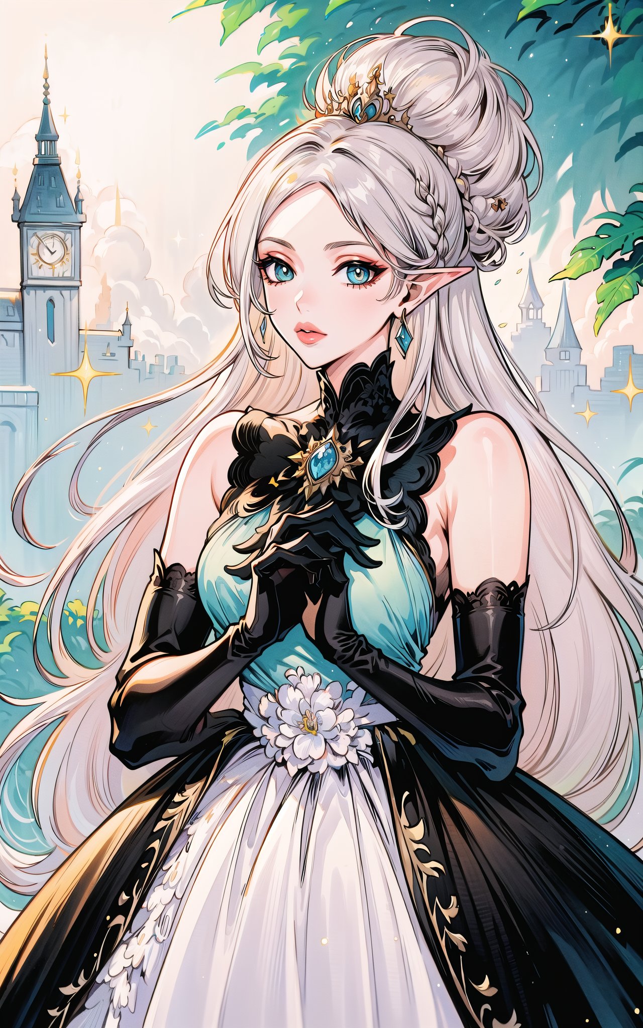 (Masterpiece, Best Quality:1.3), highres, 8k, highly detailed, 2d, (faux traditional media:1.3), manga, illustration, (mature female!.3), fantasy, thick lineart, outline, ((centered)), , sugar_rune, flower, cowboy shot, flower dress, solo, gradient eyes, polka dot, 1girl, sparkle, bush, eyes half closed,,closed mouth, earrings, sleeveless, standing, gloves, overgrowth, wariza, (perfect hands), looking at viewer, pointy ears, fairytale, wonder, dreamy, outdoors, leaves, long hair, jewelry, white gloves, nature, doughnut hair bun, half updo, ((depth of field)), 85mm, hyperrealistic, film grain, colorful, lipstick, (very long hair), (rose garden), shadow, blurry foreground, path, (intricate details), mystical, (natural lighting:1.1), long face, country cottage, cozy, princess dress, (jmature female:1.3), stylish, fashion, bloom, (deep depth of field)