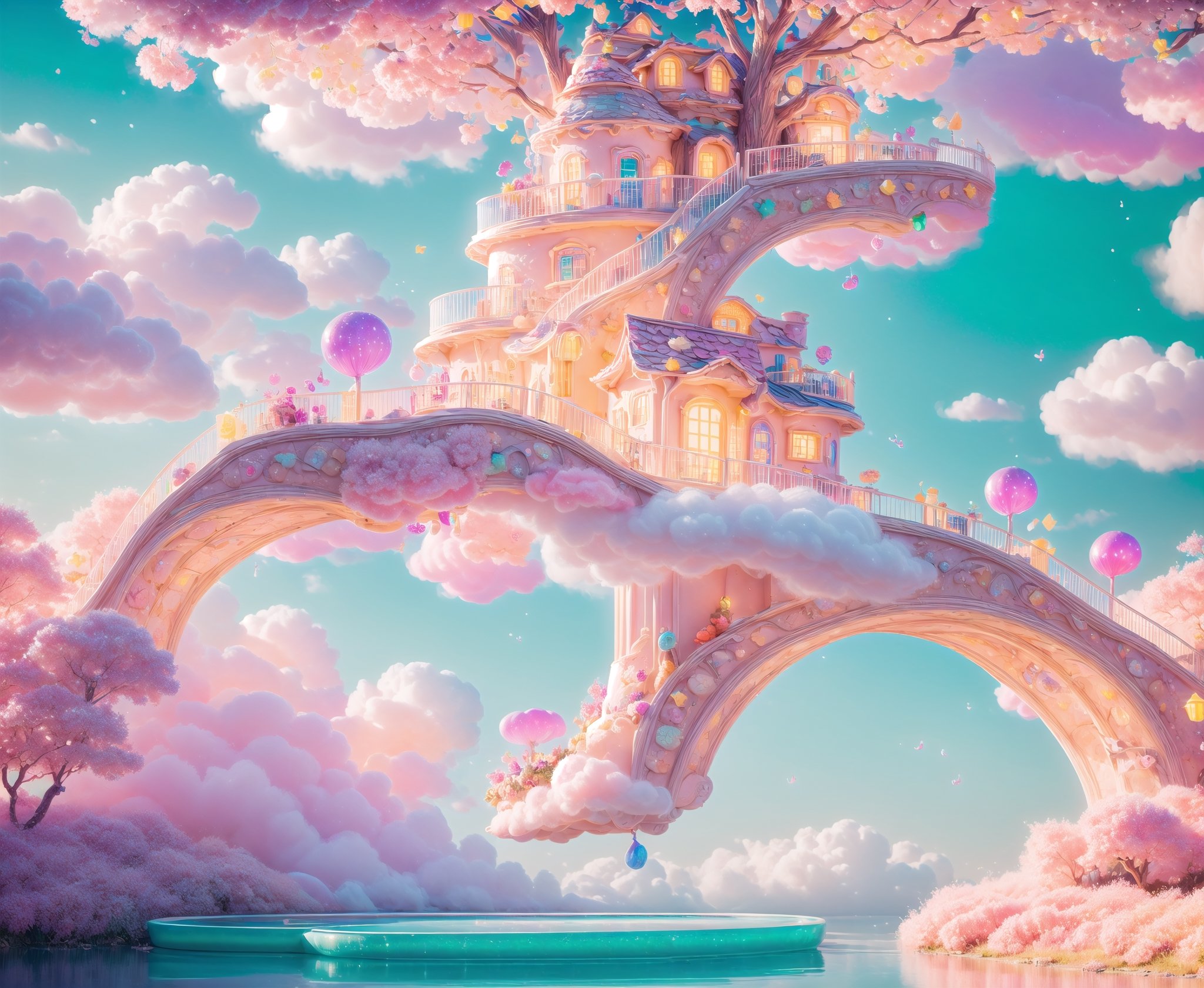 (masterpiece, best quality:1.2), 8k, top quality, cryptids, cookie, glowing, (panoramic view), cinematic, intricate details, above the clouds, floating, in the style of pixar, cloud, cotton candy, whipped cream, fruit, colorful, vivid, a world made of candy, plant, scenery, highly detailed, 3d, beautiful, personification, deep depth of field, adorable, cute, (gradients), sweet, shiny, delicious, bloom, volumetric lighting, (fantasy), candyland, candy, see-through, transparent, (jello), coral colors, smooth, extremely detailed,cryptids,(best quality,kawaiitech