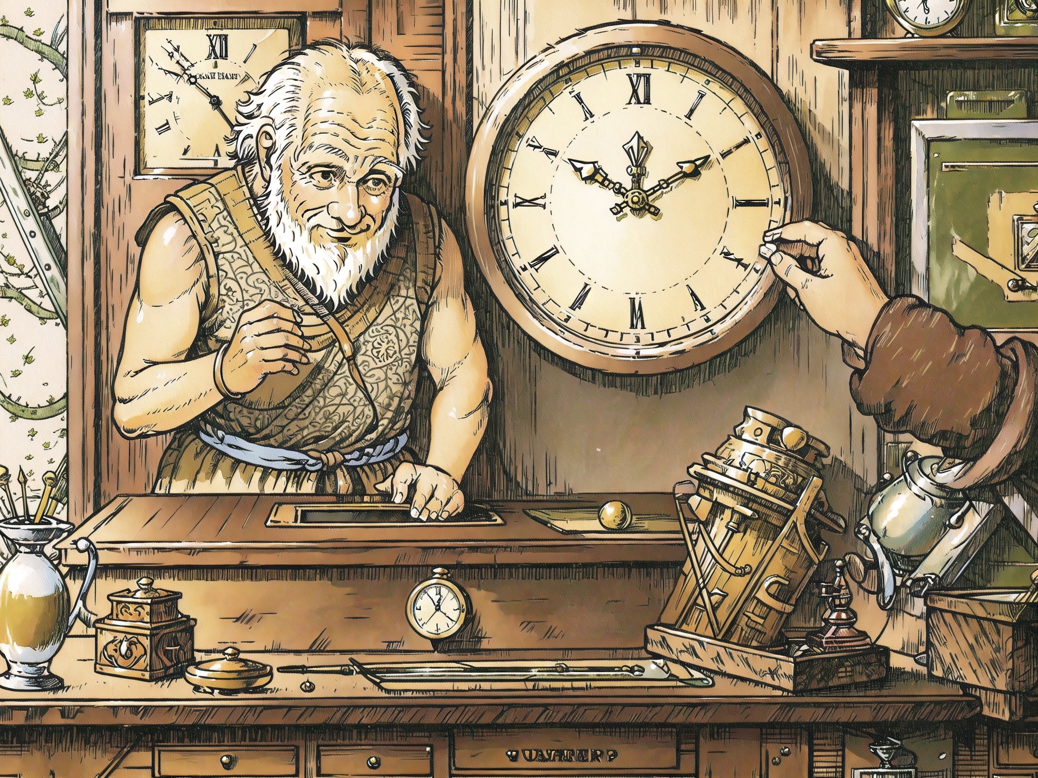 (masterpiece, best quality:1.3), 8k resolution, digital illustration, rup3rt_Style, (solo:1.2), old man, old, balding, beard, workshop, working, hands up, tunic, sleeveless, table, clock, indoors, painting (object), small details, extremely detailed background, finely detailed face, looking down, smile, weathered, warm tone, watchmaker, (fantasy illustration:1.3), intricate details