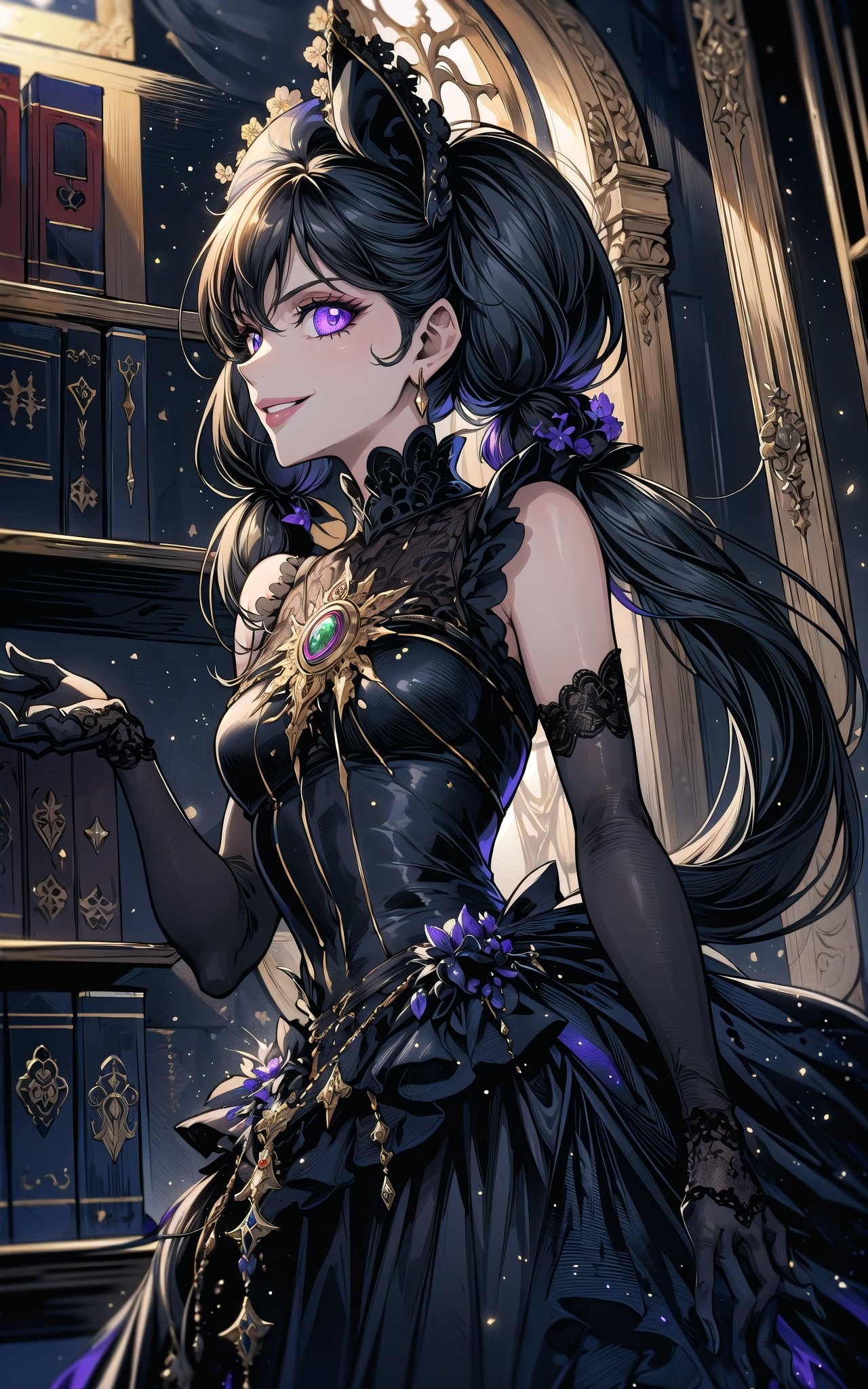 (Masterpiece, Best Quality:1.3), insaneres, (8k resolution), highly detailed, 2d, (faux traditional media:1.3), manga, digital illustration, fantastic composition, (mature female1.3), fantasy, thick lineart, outline, ((centered)), , sugar_rune, black hair, (dynamic pose:1.3), flower, (black theme:1.3), (in the style of yuki kajiura:0.8, ayami kojima, cowboy shot, (victorian), (gothic dress:1.4), dark theme, solo, purple eyes, 1girl, indoors, dark room, victorian setting, smile, evil smile, grin, looking down, from below, (hiding in the shadows:1.3), glowing eyes, parted lips, doll, earrings, sidelocks, (bangs:1.2), (low twintails:1.4), sleeveless, standing, elbow gloves, (dutch angle), supernatural, bonnet, doll dress, ribbon, waist-bow, hair bow, (night:1.2), looking at viewer, expressionless, fairytale, wonder, melancholy, dust particles, natural light pouring through window, (shadow:1.3), darkness, jewelry, very long hair, black gloves, lace trim, half updo, (deep depth of field:1.3), 85mm, hyperrealistic, film grain, colorful, lipstick, blurry foreground, haunted house, (halloween), (moody lighting:1.4), (spooky), (intricate details:1.2), focus face, messy hair, mystical, table, grandfather clock, bookshelf, livingroom, door, high-rise staircase, stairs, curtains, plant, (natural lighting:1.1), long face, (extremely detailed background:1.3), (stylish, fashion), scenery, human furniture, (fantasy:1.3),perfecteyes