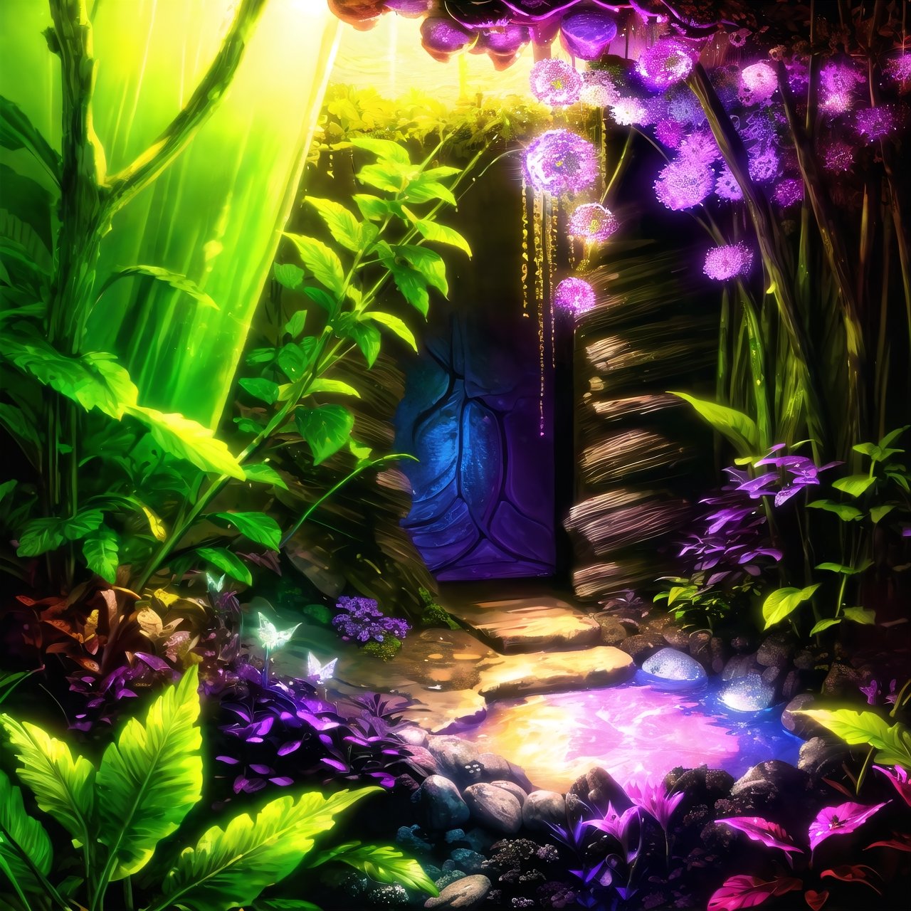 (Masterpiece), (highres), 8k, (ultra-detailed), fae realm, golden hour, fairytale, The glass cup stands before you, its transparency revealing a miniature realm within. As you peer inside, a breathtaking scene unfolds. The enchanted forest bursts with vivid colors, painting a mesmerizing tapestry of greens, blues, and purples. Every leaf and blade of grass glistens with life, beckoning you to explore further, hyperrealistic, (deep depth of field:1.3), sharp focus, perfect, fantastic lighting and composition,LODBG,madgod