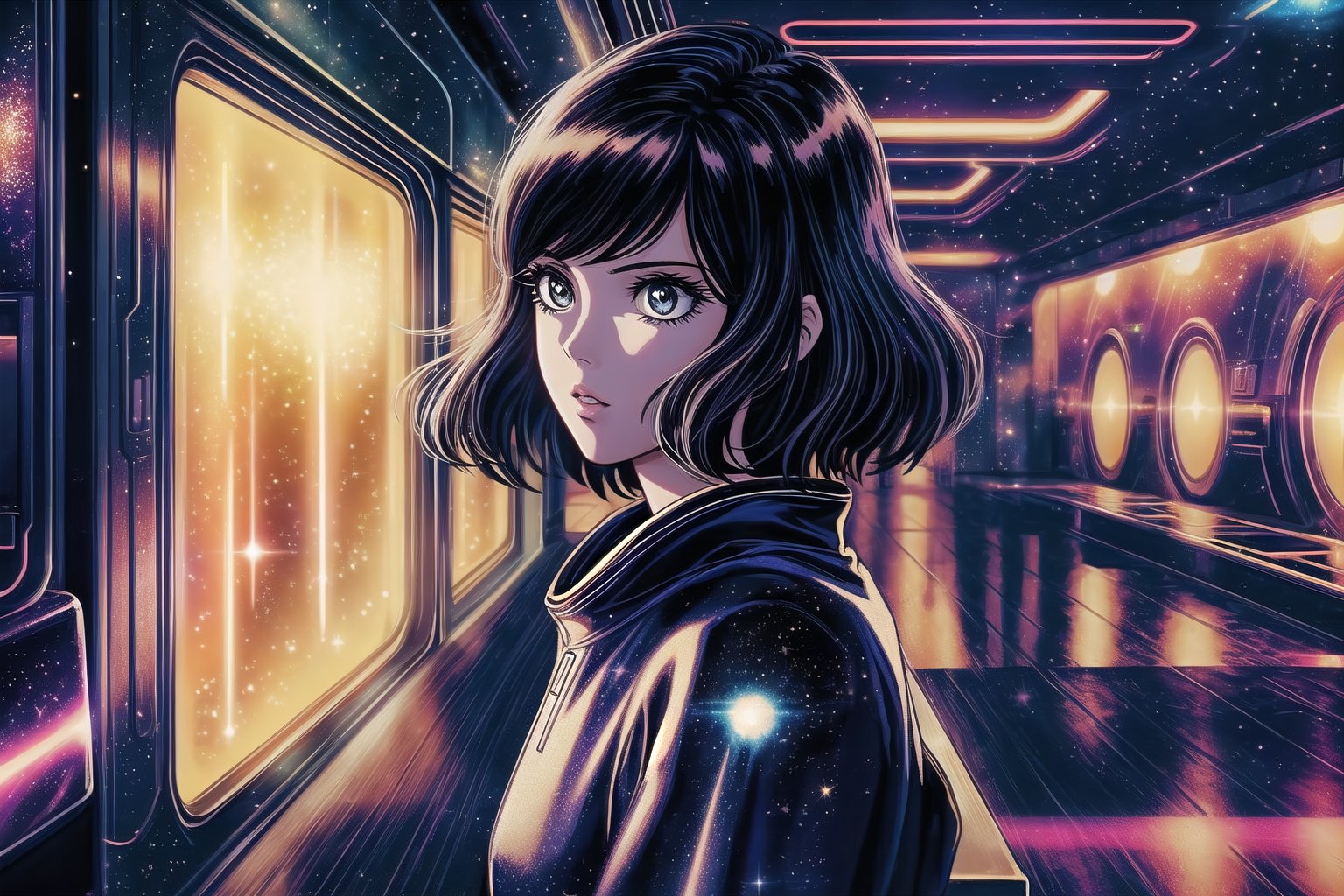 (masterpiece, best quality:1.3), top quality, 8k resolution wallpaper, deep depth of field, solo, detailed face, detailed eyes, thick lineart, bold lineart, shiny, 1girl on a space station looking out a round window at a rocket in space, rajah hair, stylish, science fiction, futuristic, diagonal bangs, perspective, indoors, atmospheric, vanishing line, volumetric lighting, expressive, 90's anime style,Traditional Media, highly detailed, high budget, bokeh, cinemascope, moody, epic, gorgeous, film grain, cinematic film, alive.,ninjascroll,saba_styl3,sugar_rune, galaxy