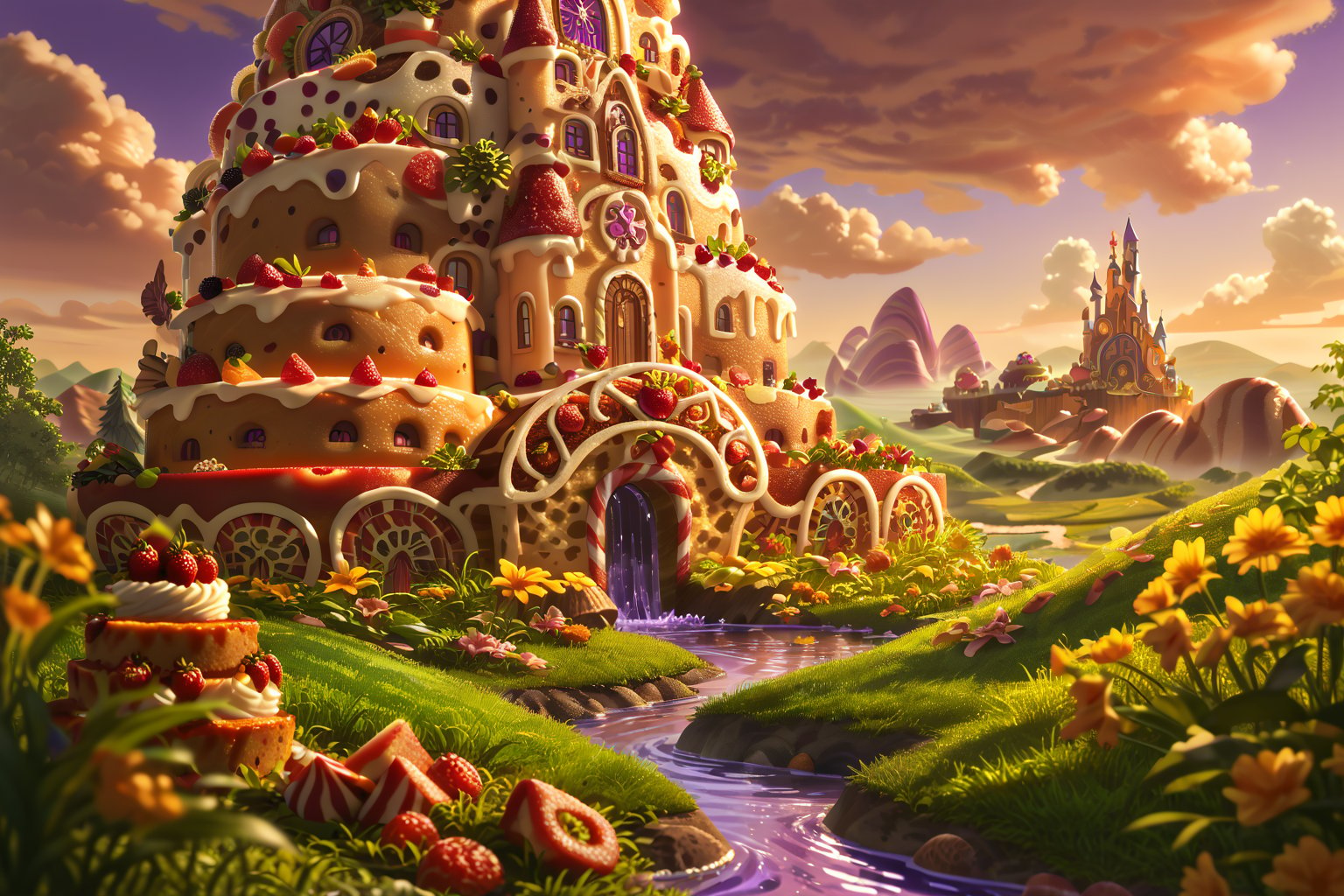 Score_9, Score_8_up, Score_7_up, (masterpiece, best quality), (insaneres), 8k resolution wallpaper, hyperdetailed, sweetscape, full background, fantasy, sugar, shiny, (isometric:1.2), tilt-shift, rainbow terrain, candy, (chololate:1.3), oversized truffle, smooth, dripping, oversized cake, cake, tilt-shift, smarties, spiral tree, grass, landscape, (purple water:1.4), (deep depth of field), sunset, glaze, cookie, sugar, glitter, volumetric lighting,  (Extremely detailed, intricate details),Low-key lighting Style