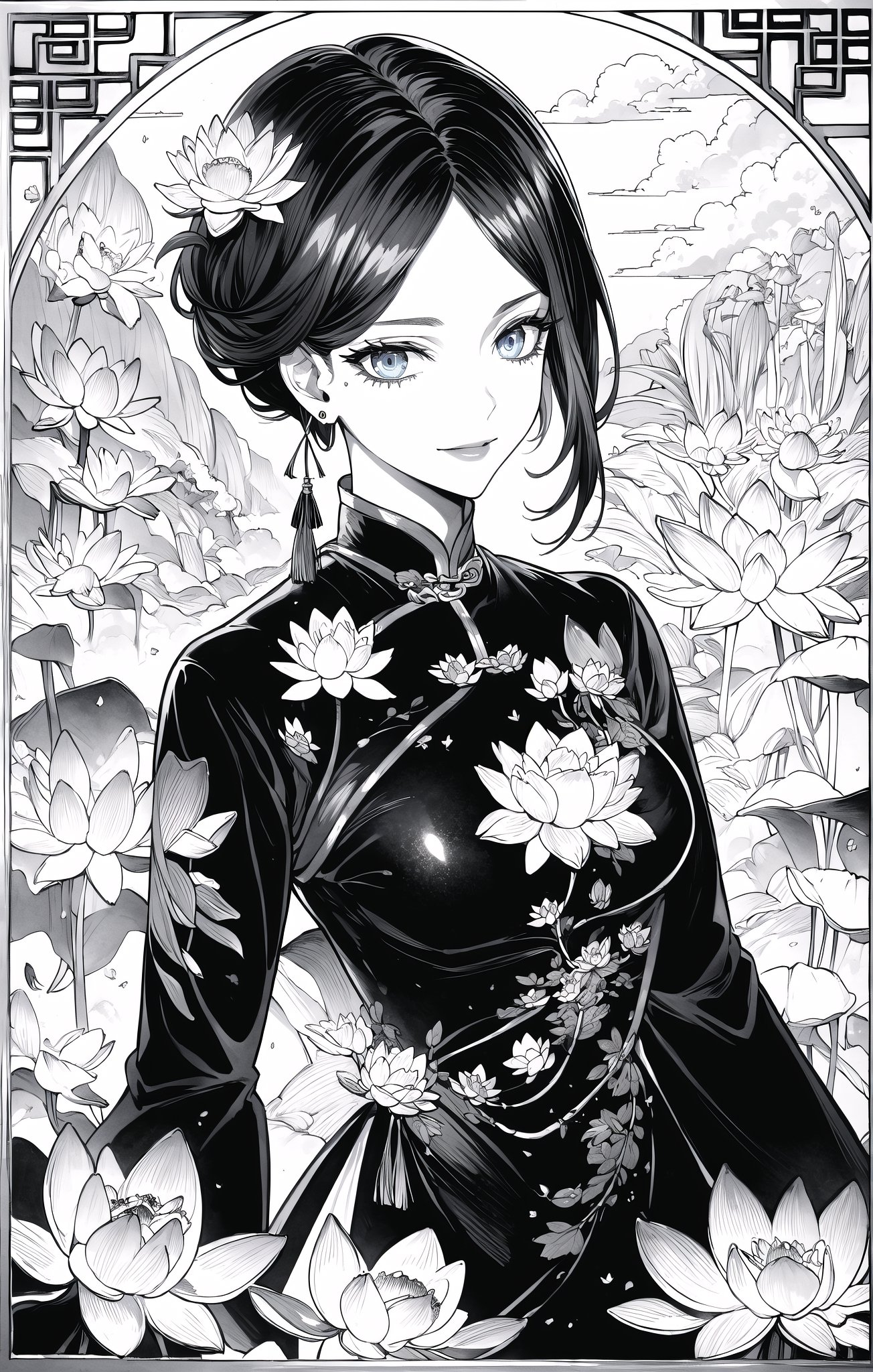 (Masterpiece, Best Quality:1.3), highres, 8k, highly detailed, ultra-detailed full body portrait, 2d, (faux traditional media:1.3), manga, illustration, (mature female!.3), fantasy, thick lineart, outline, flower, cowboy shot, solo, wind lift, (desert:1.3), bamboo forest, zen, paradise, (light smile), happy, expressive, 1girl, black hair, large breasts, sitting, (changpao, earring:1.3), flats, eyes half closed, shimmer, overgrowth, looking at viewer, bishounen, blue sky, (cloud), facing viewer, (lotus position:1.3), perfect feet, (perfect female figure:1.1), fairytale, wonder, dreamy, outdoors, nature, (chinese:1.3), chinese architecture, (extremely detailed background:1.2), 85mm, hyperrealistic, film grain, colorful, adult, lipstick, messy hair, short hair, (shadow), blurry foreground, (intricate details), mystical, (natural lighting:1.1), long face, cozy, (jmature female:1.3), stylish, fashion, bloom, (deep depth of field:1.3), Lifang