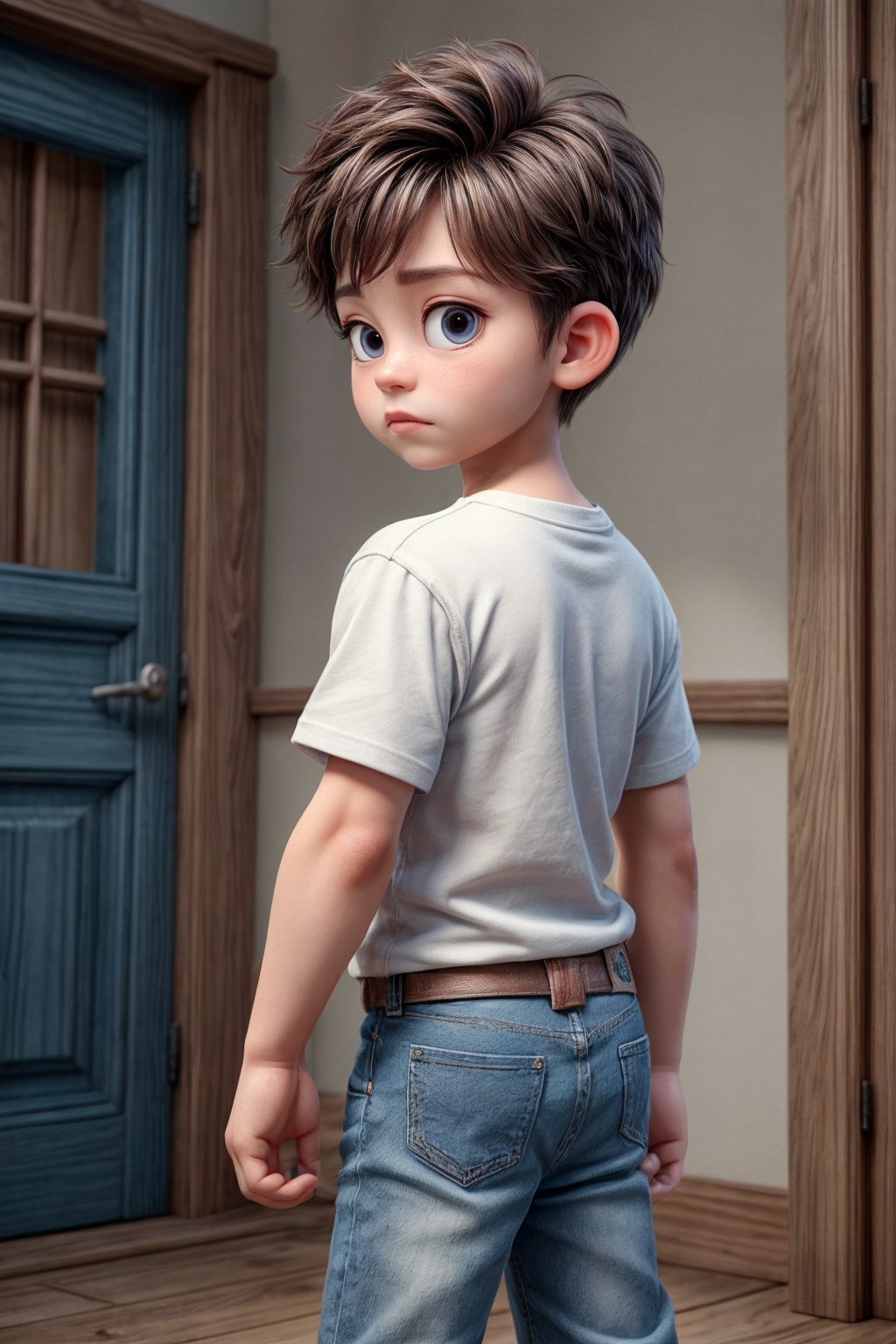 Pixar young boy, child, back view, pale_skin, short, short_hair, facing_away, blue_jeans, white t-shirt, in kids room next to a magical mysterious closed door, 8k,super_detailed, ultra_high_resolution, Best quality, masterpiece, perfect fingers, dynamic lighting, depth of field, deep shadow, RAW photo, best quality, detailed_face