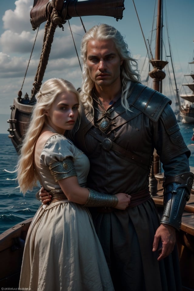 (Couple aboard a medieval ship,  open sea background,  intricate details in faces) Geralt of Rivia couple with a beautiful...