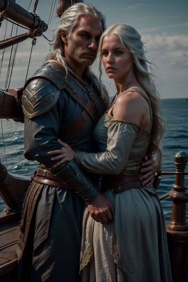(Couple aboard a medieval ship,  open sea background,  intricate details in faces) Geralt of Rivia couple with a beautiful...