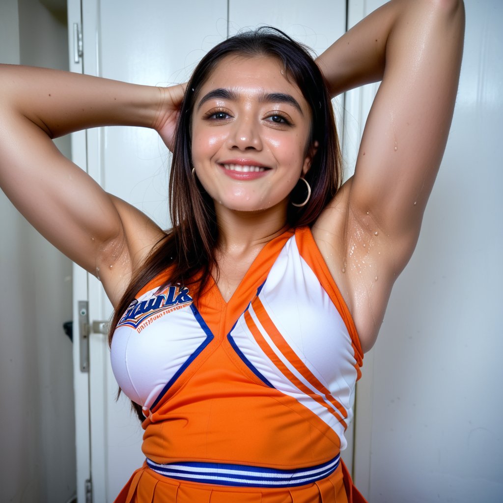 busty rashmika taking a selfie raising her arms,  pokies,  cheerleader outfit by user_628167674874086441 on Tensor.Art