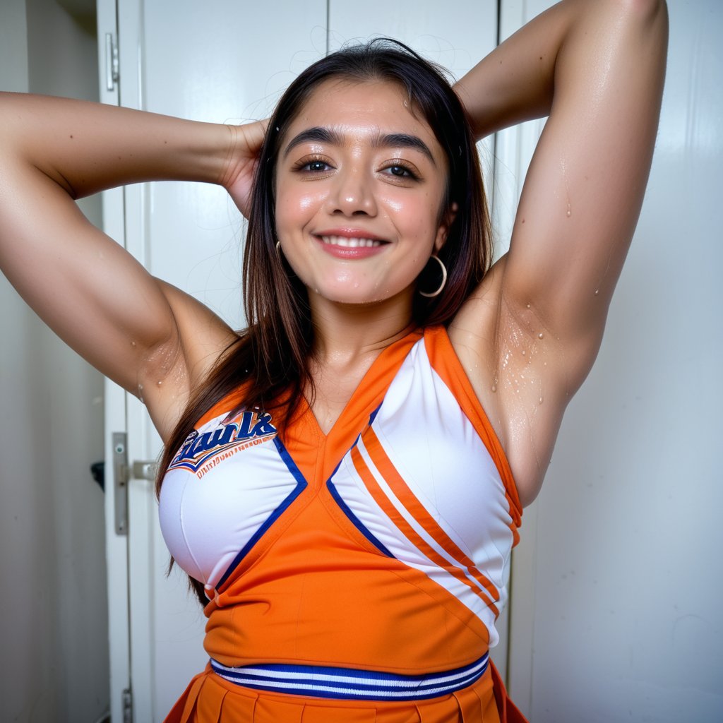 busty rashmika taking a selfie raising her arms, pokies, cheerleader outfit, armpit_folds, showing_armpits, armpits, armpit_sweat, upper body, showing armpits, armpit_crease, high_resolution_skin, photorealism