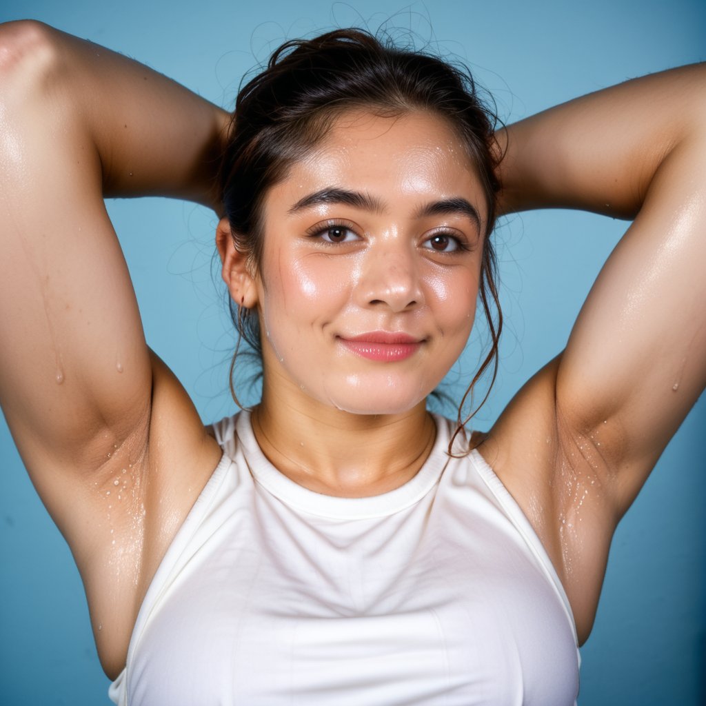 busty rashmika taking a selfie raising her arms, pokies, sleeveless_shirt, armpit_folds, showing_armpits, armpits, armpit_sweat, upper body, showing armpits, armpit_crease, high_resolution_skin, photorealistic