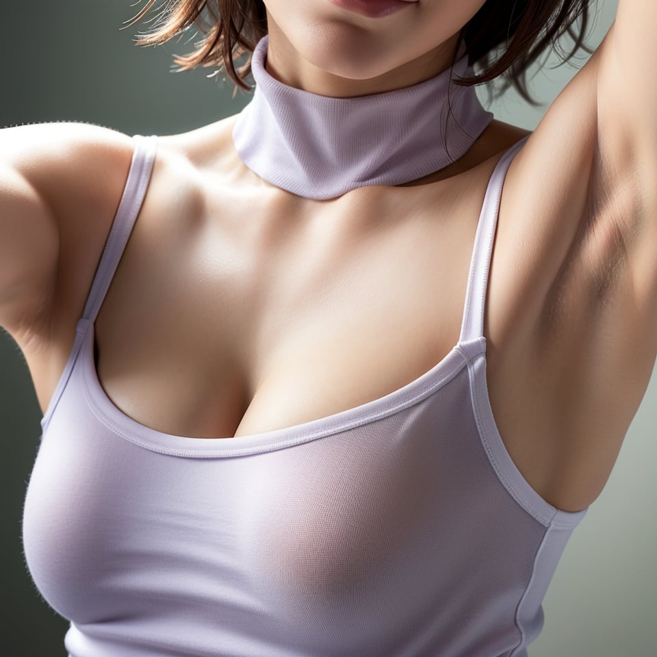 busty model taking a selfie raising her arms,  sleeveless_turtleneck ,  pokies by user_628167674874086441 on Tensor.Art