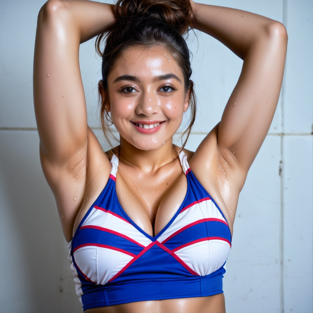 busty rashmika taking a selfie raising her arms, pokies, cheerleader outfit, armpit_folds, showing_armpits, armpits, armpit_sweat, upper body, showing armpits, armpit_crease, high_resolution_skin, photorealism