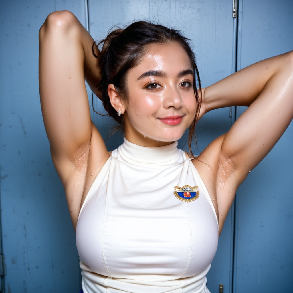 busty rashmika taking a selfie raising her arms, pokies, sleeveless_dress, armpit_folds, showing_armpits, armpits, armpit_sweat, upper body, showing armpits, armpit_crease, high_resolution_skin, photorealism