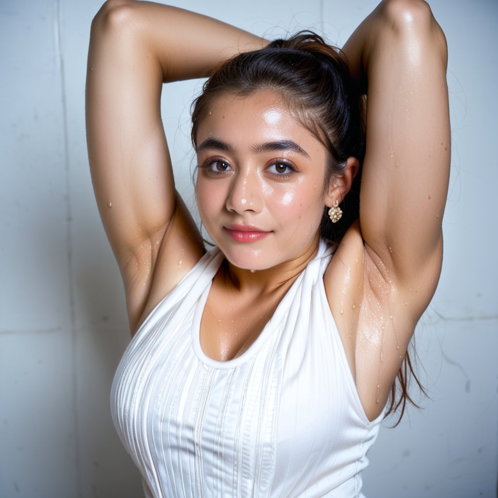 busty rashmika taking a selfie raising her arms, pokies, sleeveless_dress, armpit_folds, showing_armpits, armpits, armpit_sweat, upper body, showing armpits, armpit_crease, high_resolution_skin, photorealism