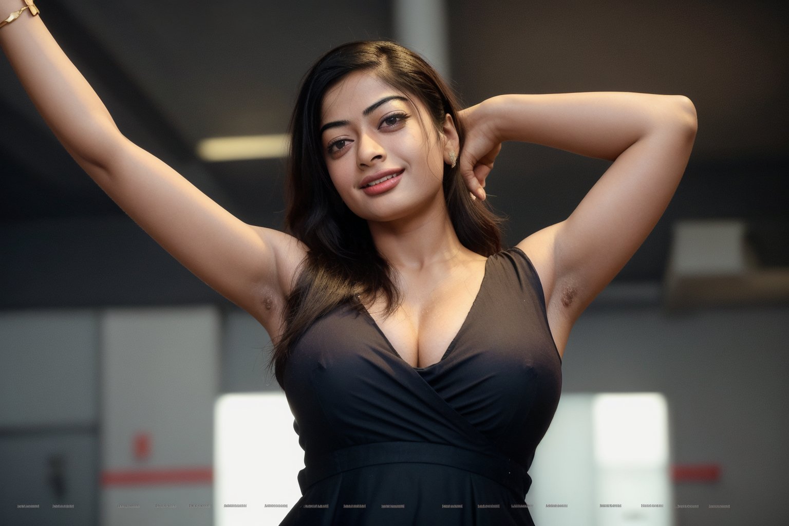 busty rashmika taking a selfie raising her arms,  sleeveless,  shoulder length hair by user_628167674874086441 on Tensor.Art