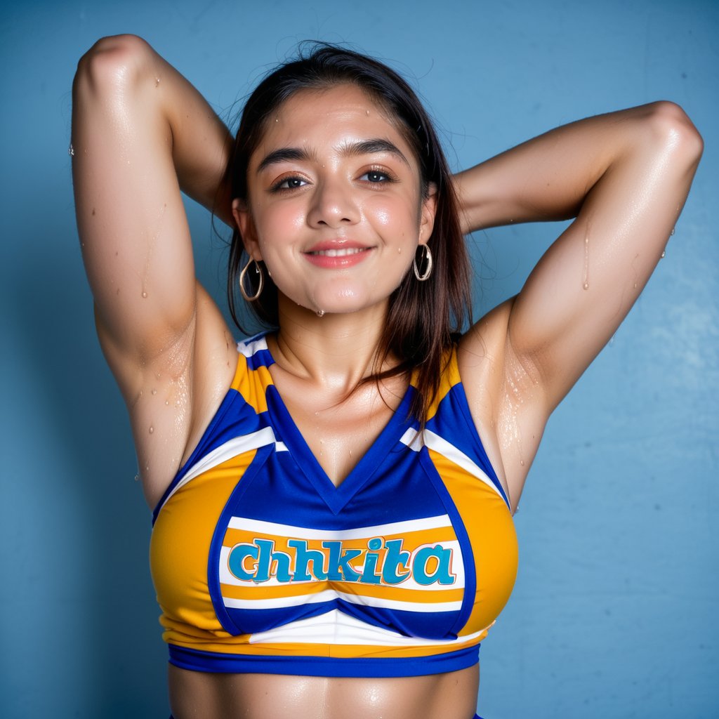 busty rashmika taking a selfie raising her arms, pokies, cheerleader outfit, armpit_folds, showing_armpits, armpits, armpit_sweat, upper body, showing armpits, armpit_crease, high_resolution_skin, photorealism