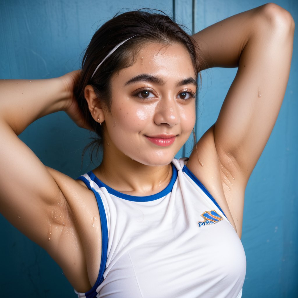 busty rashmika taking a selfie raising her arms, pokies, sleeveless_shirt, armpit_folds, showing_armpits, armpits, armpit_sweat, upper body, showing armpits, armpit_crease, high_resolution_skin, photorealistic