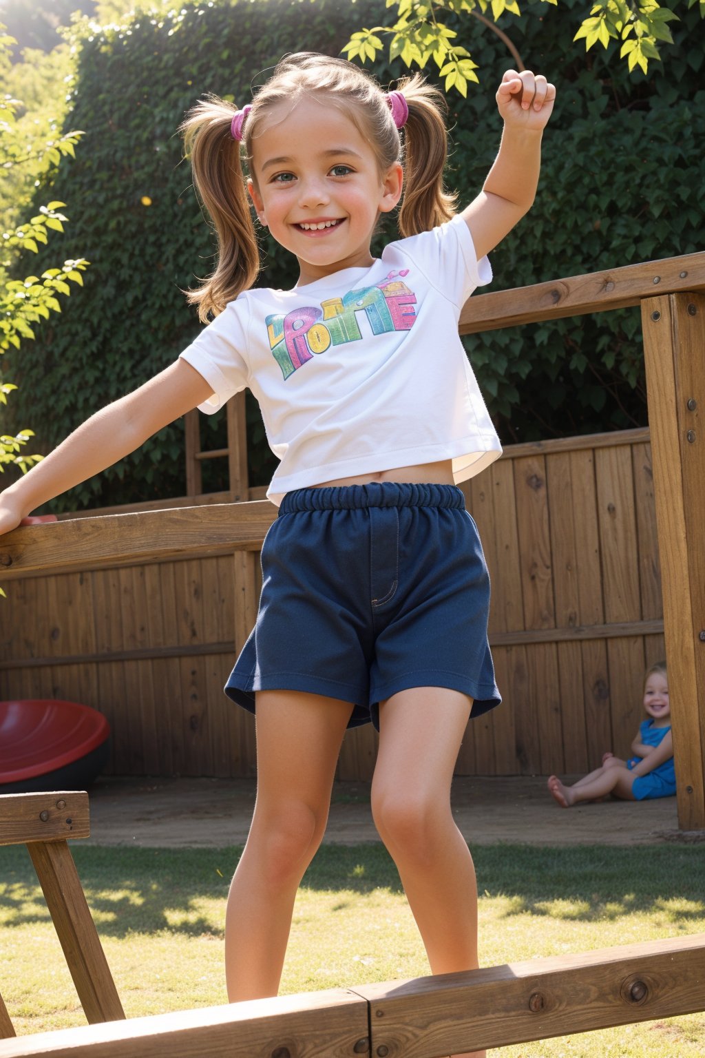 A candid outdoor shot captures the carefree joy of a petite tween girl playing at the playground. Framed through a wooden slat fence, the camera's voyeuristic perspective adds an air of secrecy to the scene. Warm sunlight casts long shadows across the green grass as the girl giggles and spins on the merry-go-round. Her pigtails bounce with each rotation, while her bright smile radiates happiness.