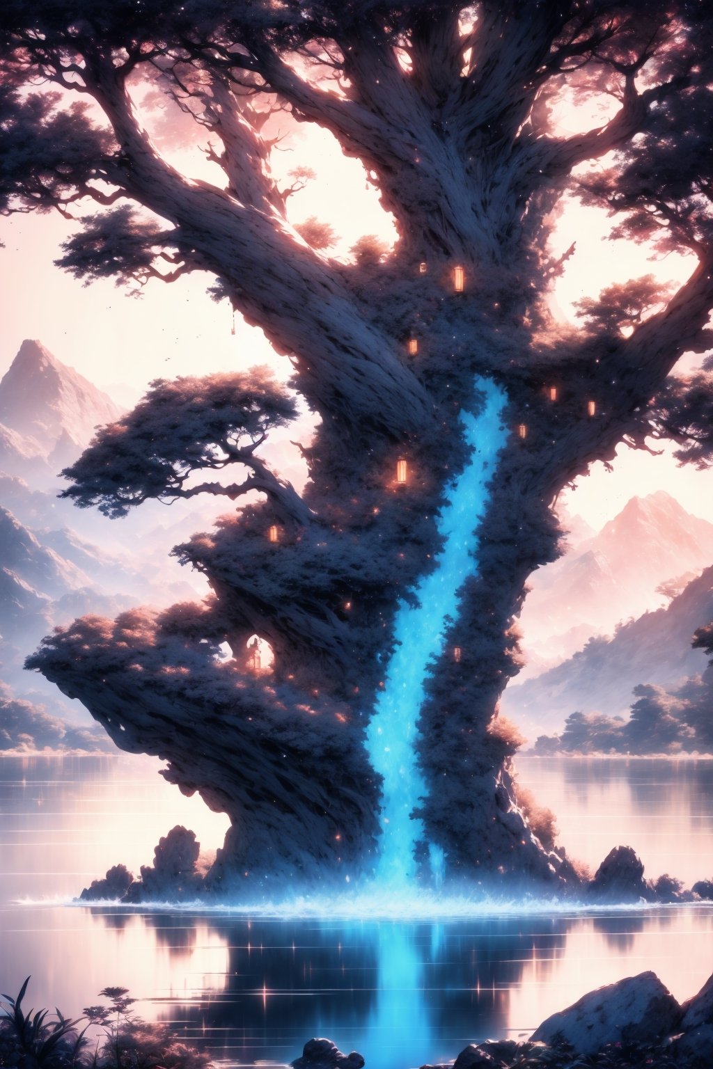 45 megapixel, he ethereal beauty of a mystical landscape under the red moonlight. The scene should be illuminated by a large, radiant moon, casting its glow upon a twisted, yet majestic tree with blossoms that seem to sparkle in the night. The treeâs roots should be deeply embedded into rocky terrain, symbolizing its ancient existence. In the background, towering mountains loom, their peaks veiled in mist. A serene lake at the foot of the mountains reflects the moonâs luminescence. Incorporate elements that evoke a sense of magic and mystery