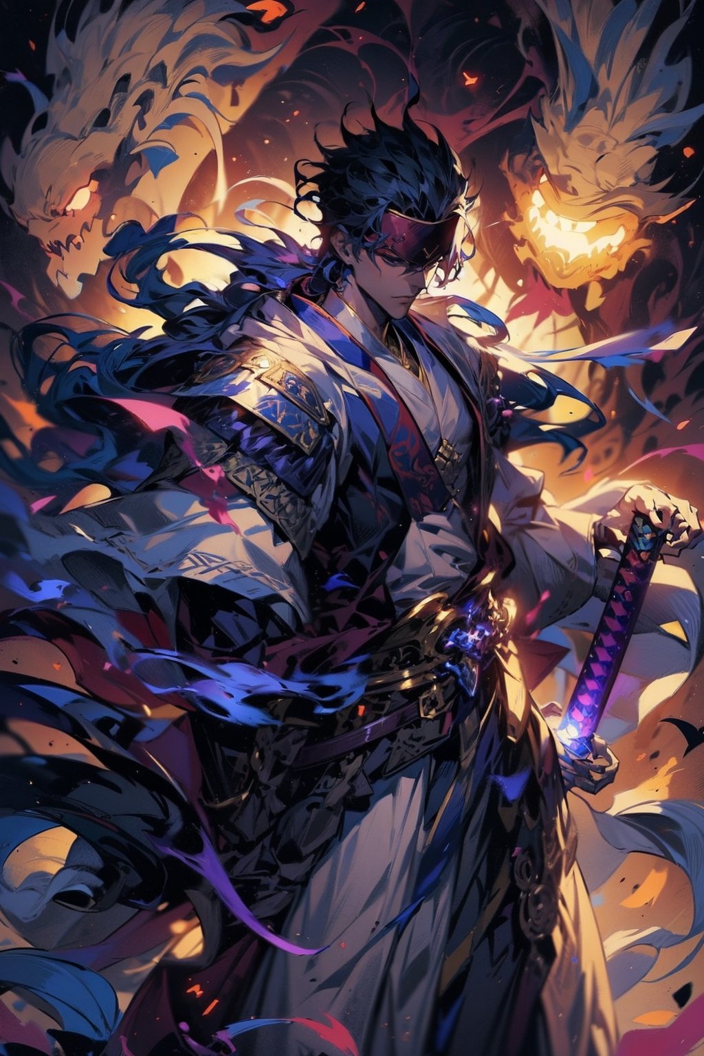 EpicGhost, (Anime style, Guvez style, long hair white robe, holding a sword, flowing white robe, blindfolded, Yang J, Zhiding, handsome art painting, beautiful character painting, Shi Tao)