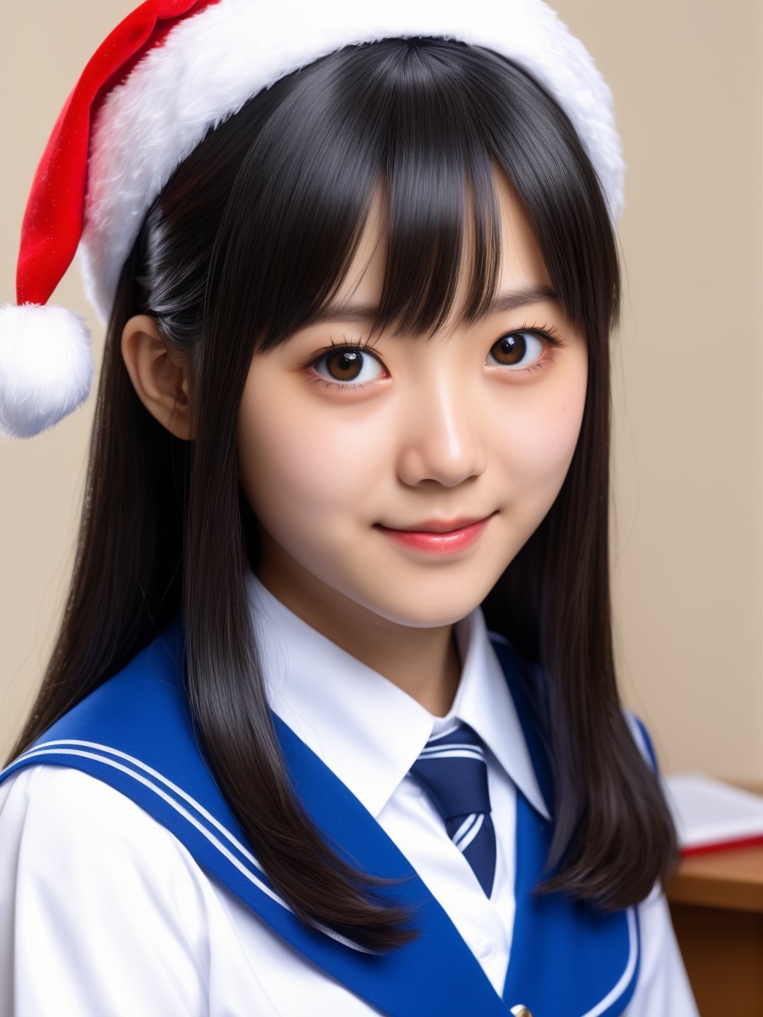 photo r3al, masterpiece, real photo, real person, best quality, ultra realistic, 8k, ultra detailed, 1girl, cute, black shiny hair, Yandere-Chan, white-blue japanese school uniform, portrait, (((closeup))), front view, detailed face, natural face, natural beauty, smirk, heartwarming, christmas themed room, santa hat