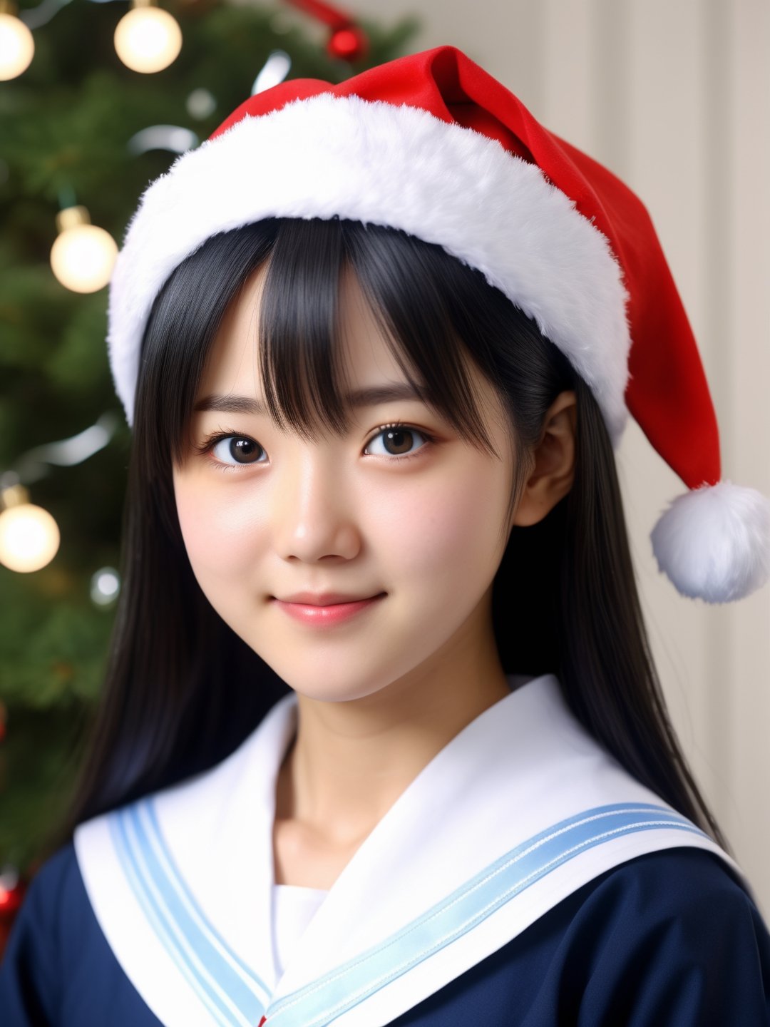 photo r3al, masterpiece, real photo, real person, best quality, ultra realistic, 8k, ultra detailed, 1girl, cute, black shiny hair, Yandere-Chan, white-blue japanese school uniform, portrait, (((closeup))), front view, detailed face, natural face, natural beauty, smirk, heartwarming, christmas themed room, santa hat